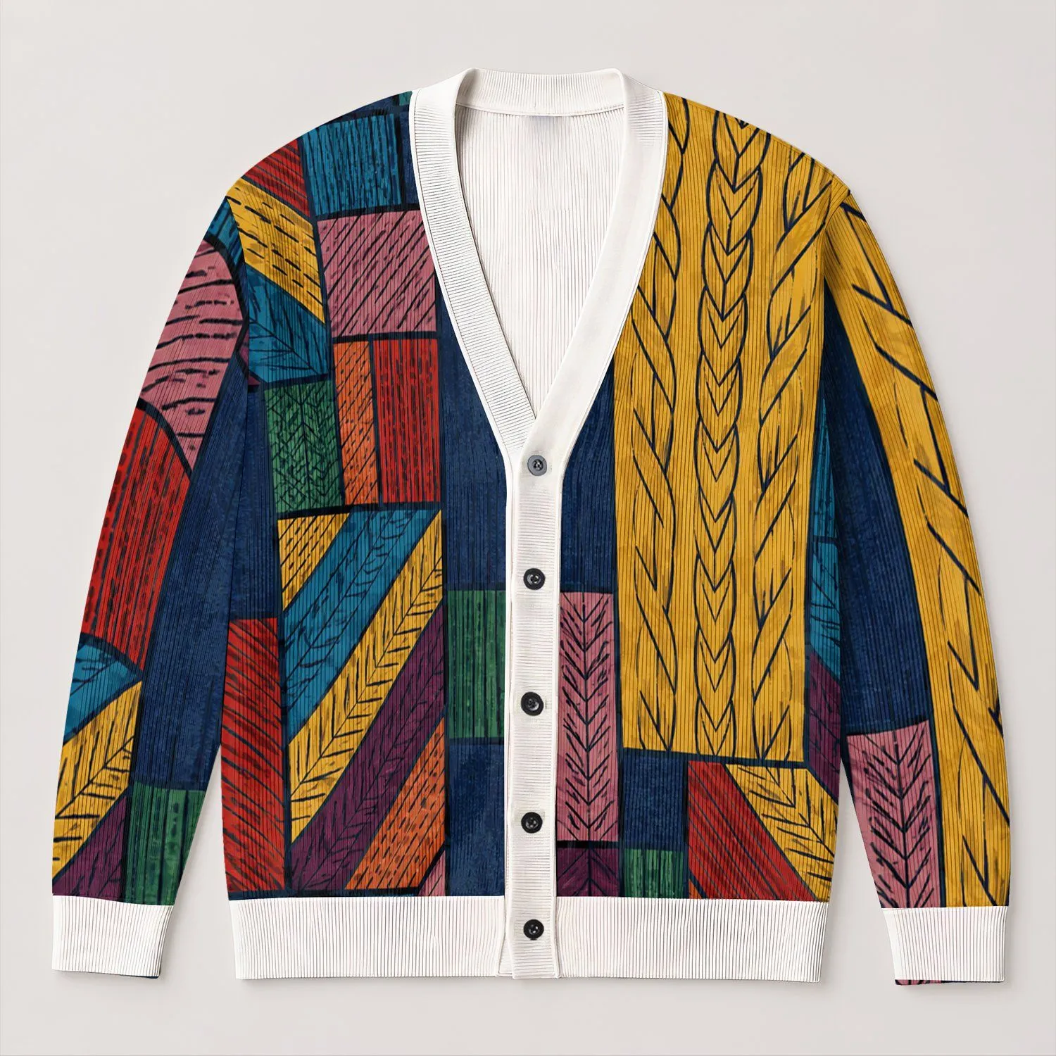 Colorful Denim Mosaic Layers With Bohemian Texture For Relaxed Everyday Style Women All-over Print Knitted Cardigan - 1