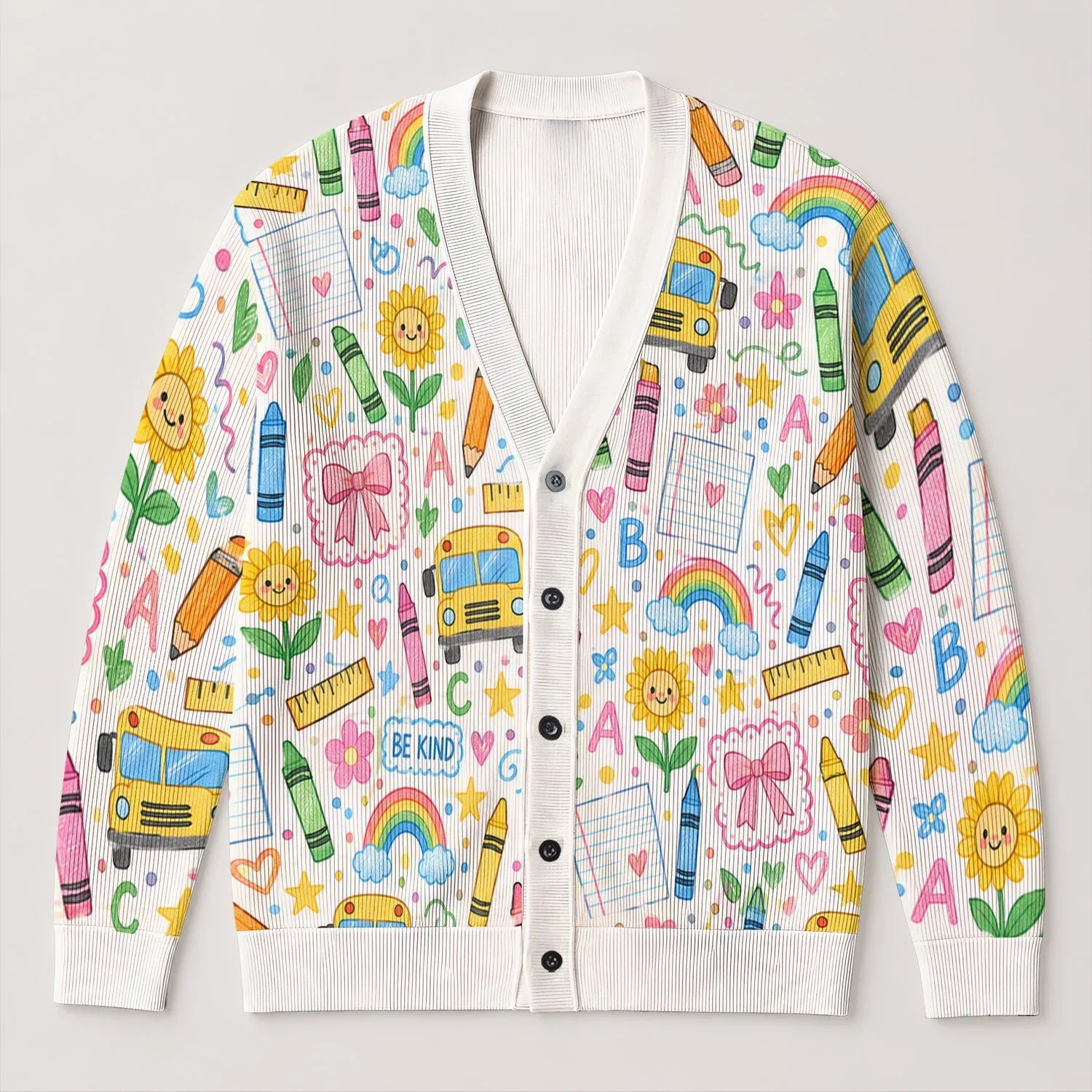 School Bus Sunflower Classroom Motifs For Cheerful Everyday Layering And Back To School All-over Print Knitted Cardigan - 1
