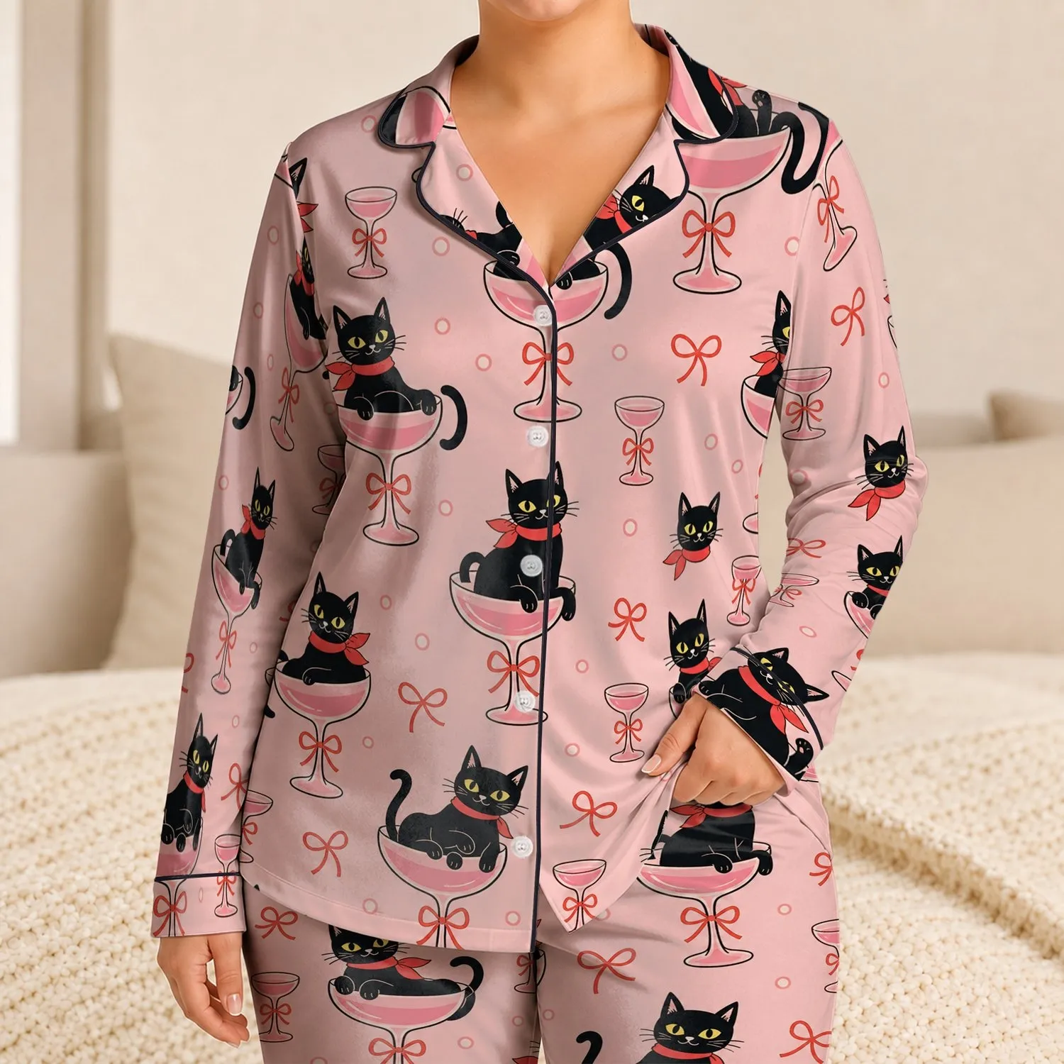 Black Cat Cocktail Glasses Lounge Gift for Cat Lovers, Cozy Evenings for Women at Home Satin Pajamas Set - 1