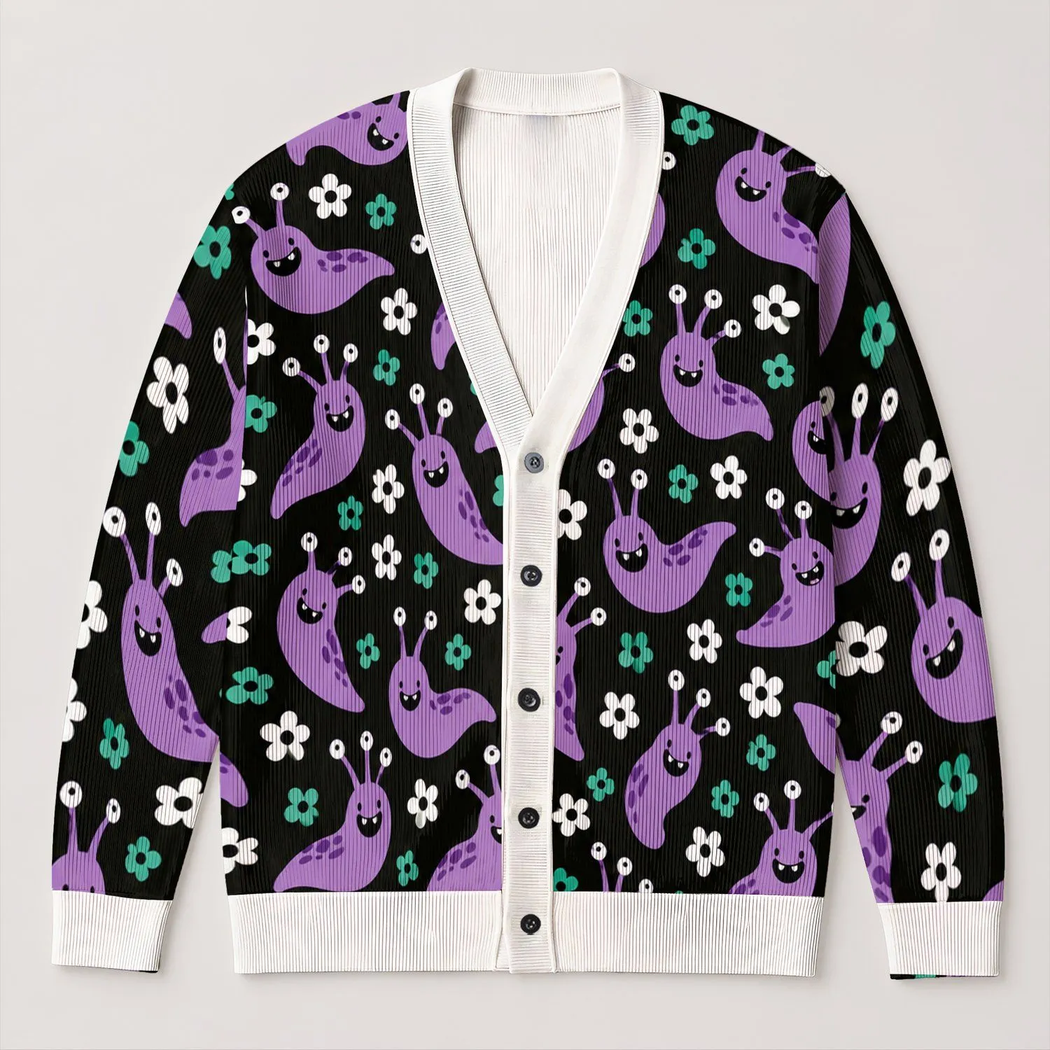 Purple Slug Monsters and Daisies for Playful Everyday Layering Style for Casual Men All-over Print Knitted Cardigan - 1