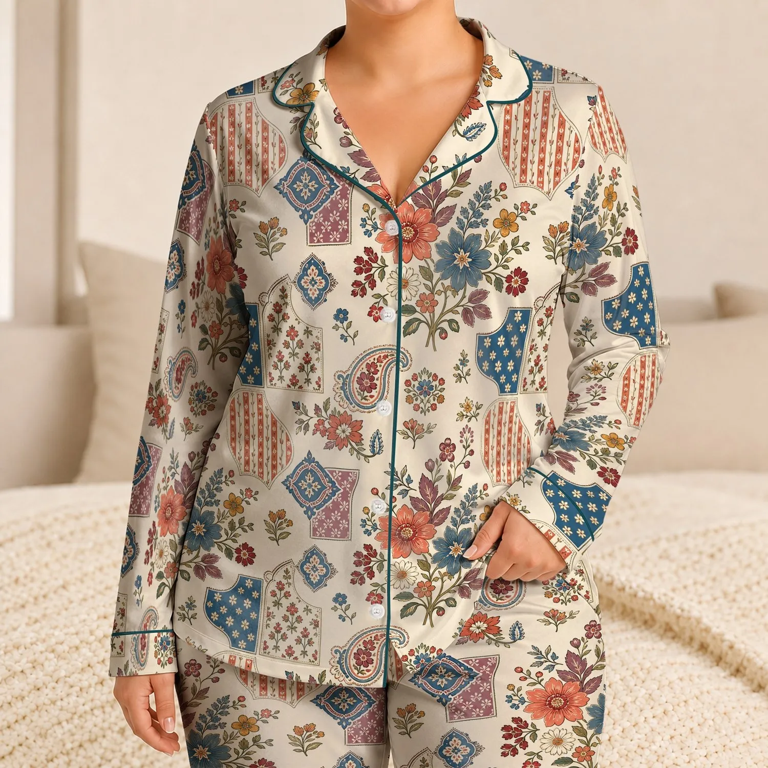 Vintage Botanical Patchwork Floral Loungewear for Relaxed Weekend Mornings, Women Satin Pajamas Set - 1