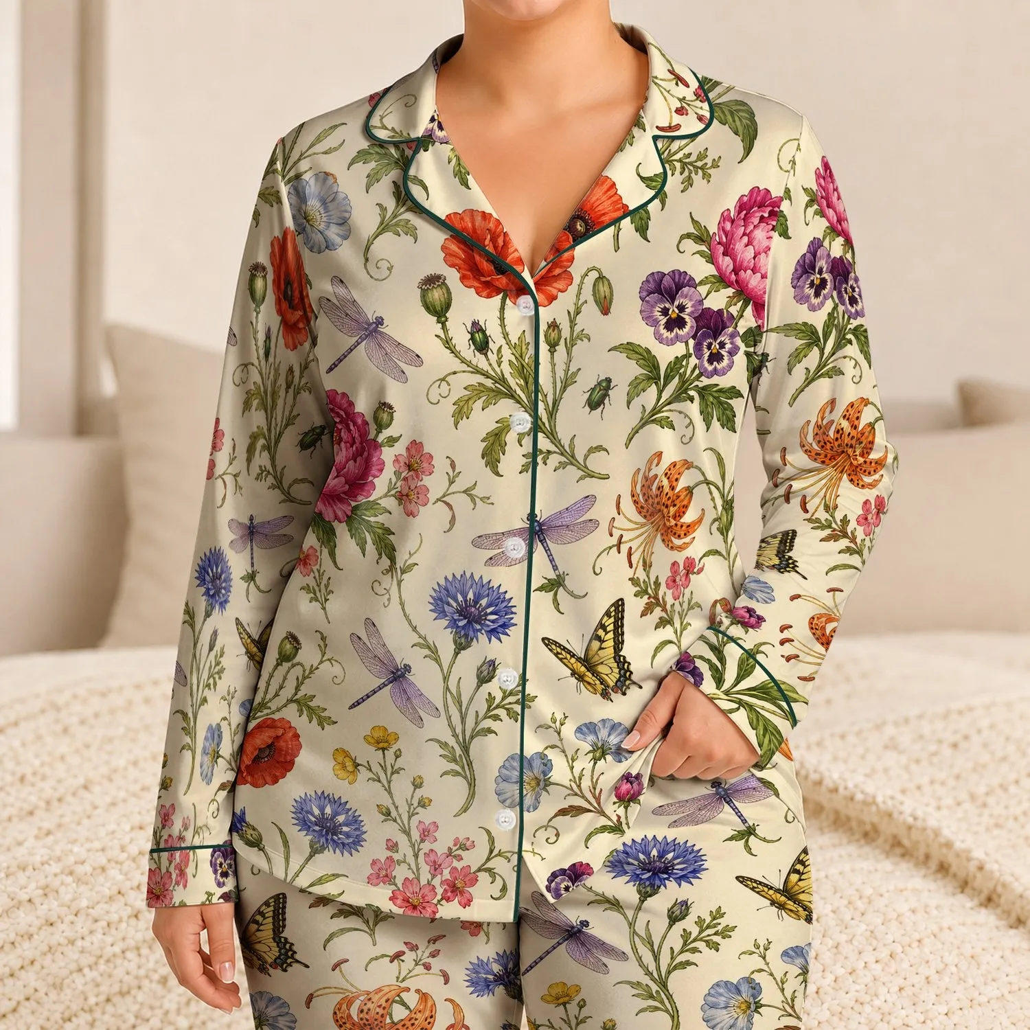 Vintage Floral Garden With Dragonflies For Elegant Lounging And Women's Relaxed Nights Satin Pajamas Set - 1