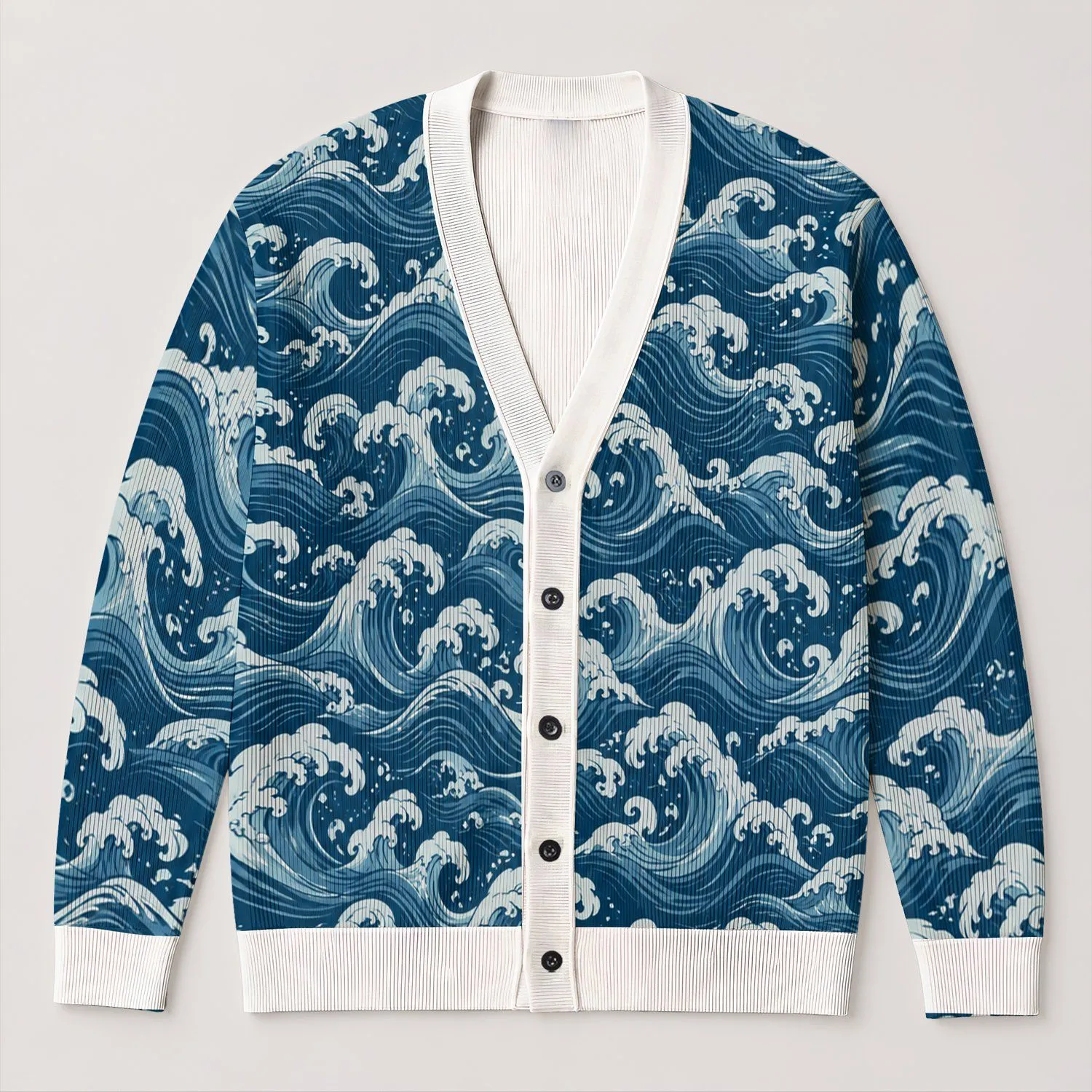 Vintage Ocean Wave Swirls for Relaxed Coastal Everyday Layering and Streetwear Style All-over Print Knitted Cardigan - 1
