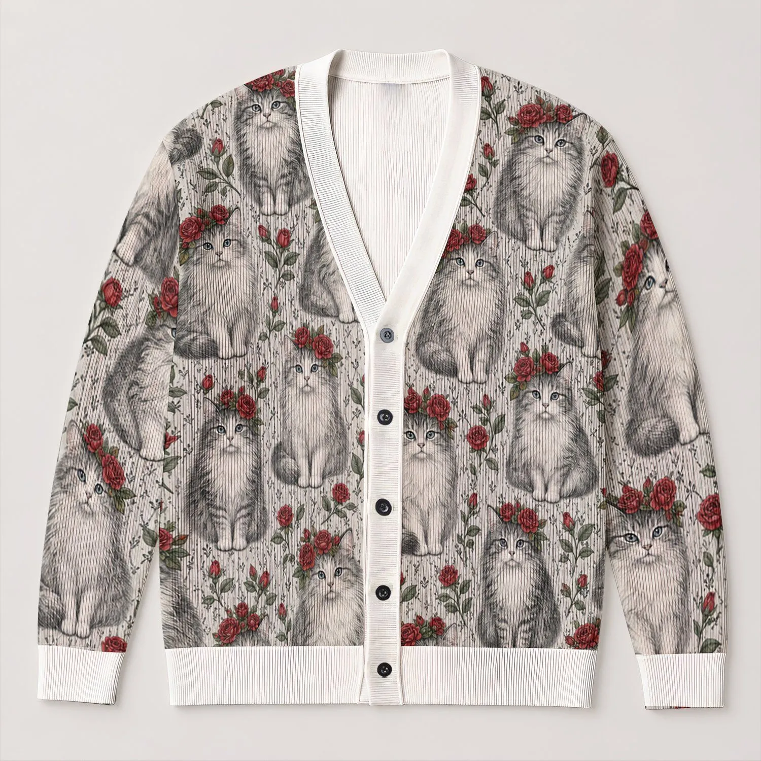 White Cat Rose Motif Casual Layering Style for Everyday Fall and Winter Weekend Outfits All-over Print Knitted Cardigan - 1