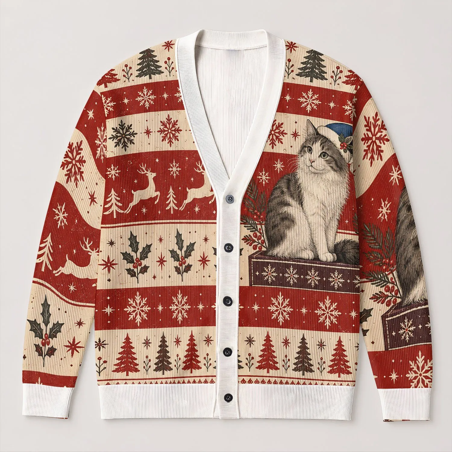 Funny Cat With Snowflakes For Cozy Holiday Gatherings And Relaxed Winter Layering All-over Print Knitted Cardigan - 1