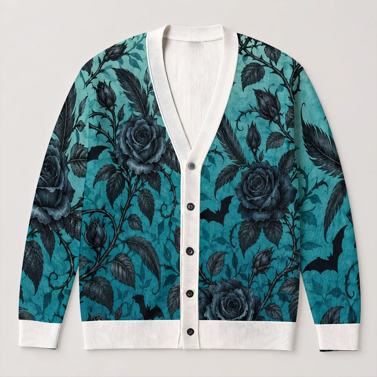 Dark Rose Bats And Thorn Vines For Halloween Nights And Gothic Casual Layering Style All-over Print Knitted Cardigan - 1