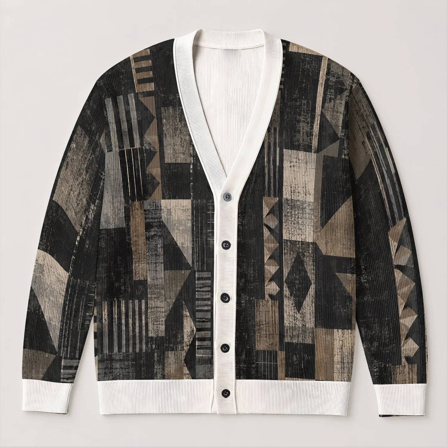 Black Taupe Geometric Patchwork Motifs for Casual Layering and Everyday Men's Streetwear All-over Print Knitted Cardigan - 1