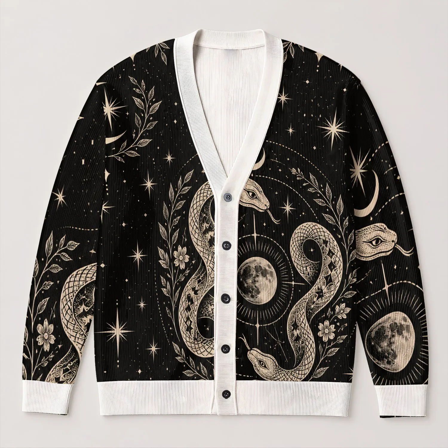 Celestial Moon Snake Medallion for Casual Layering and Nighttime Streetwear Style All-over Print Knitted Cardigan - 1