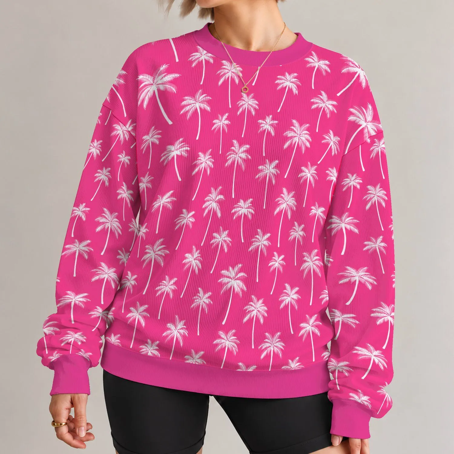 White Palm Trees on Hot Pink for Tropical Vacations and Summer Getaways All-over Print Knitted Sweater - 1