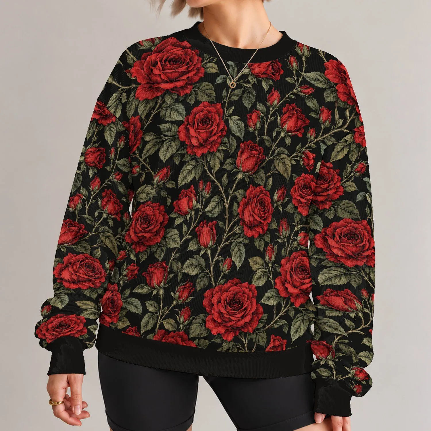Red Rose and Sage Vine Botanical Motif for Everyday Streetwear and Commuting Wear All-over Print Knitted Sweater - 1
