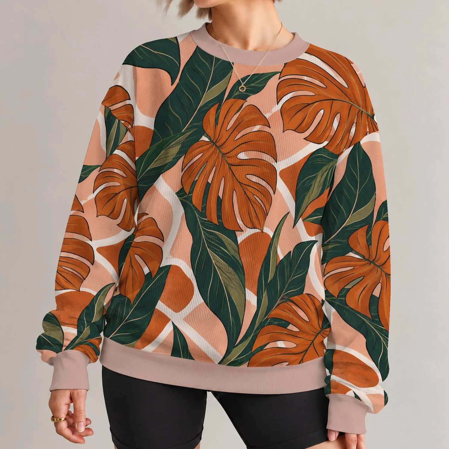 Tropical Terracotta And Forest Green Leaves For Relaxed Everyday Getaways All-over Print Knitted Sweater - 1