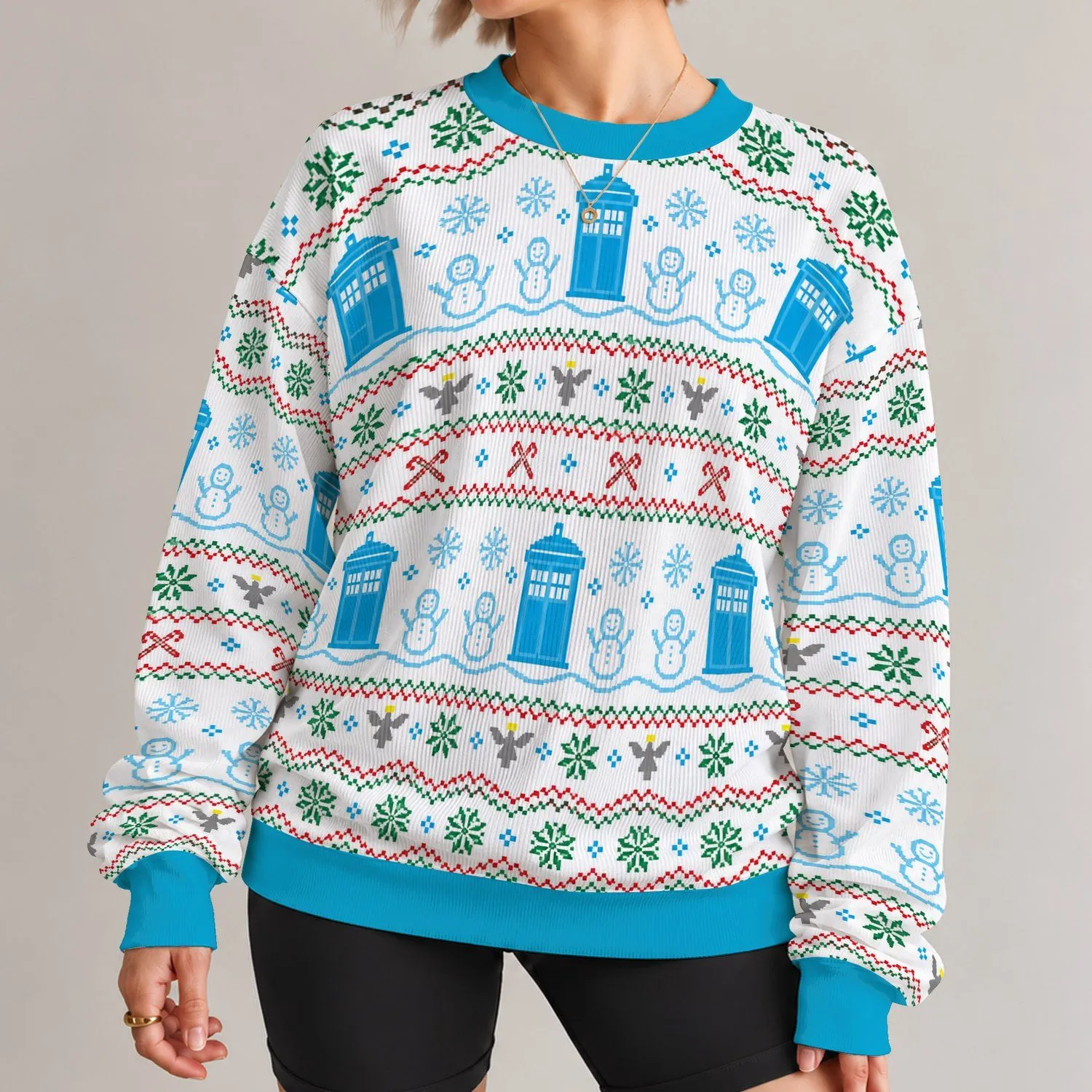 Blue Holiday Telephone Booth And Snowy Figures For Festive Party Celebrations Unisex All-over Print Knitted Sweater - 1