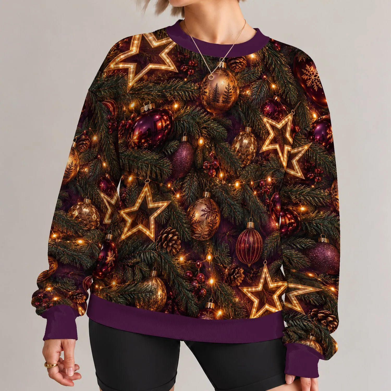 Golden Star Ornaments and Glowing Evergreen Boughs for Festive Holiday Gatherings All-over Print Knitted Sweater - 1