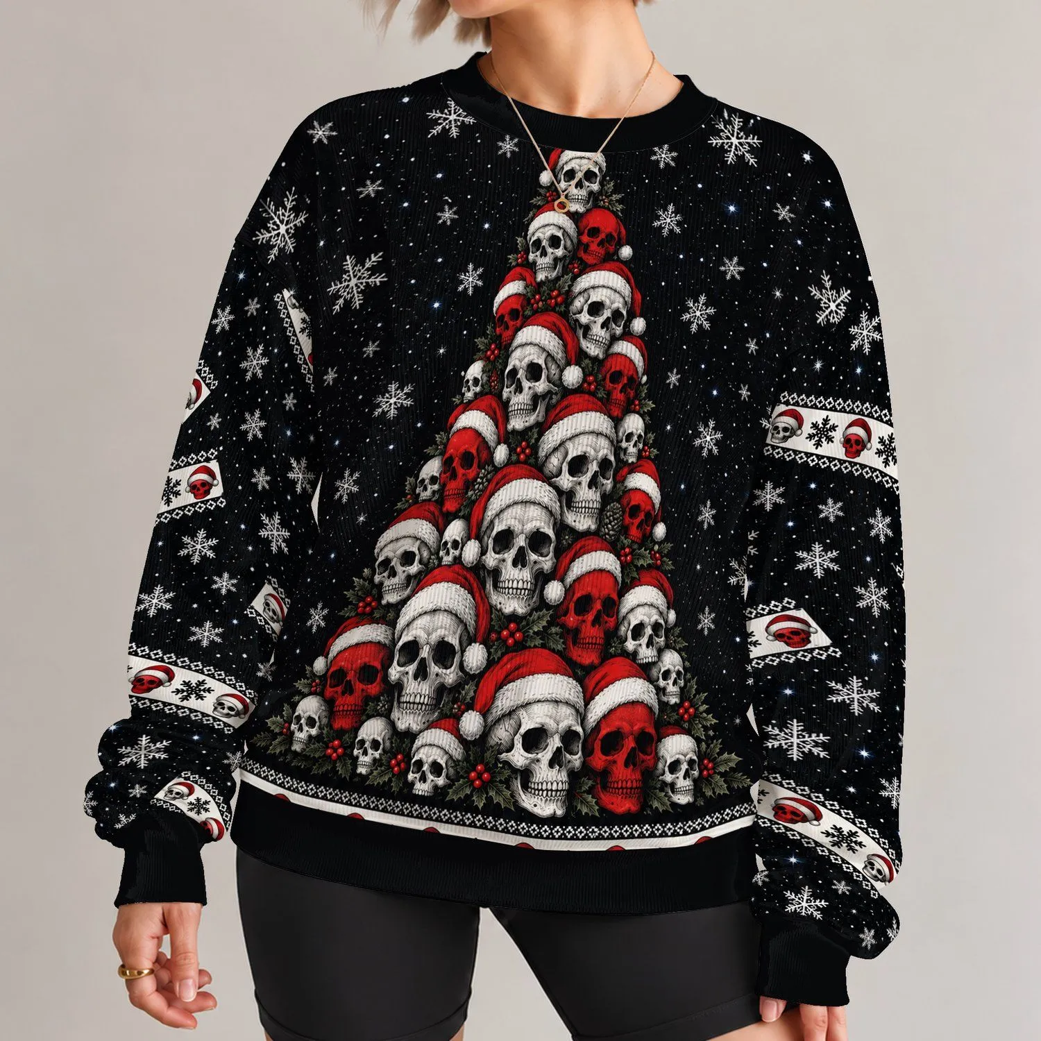 Santa Skull Christmas Tree for Festive Winter Parties and Holiday Gatherings All-over Print Knitted Sweater - 1