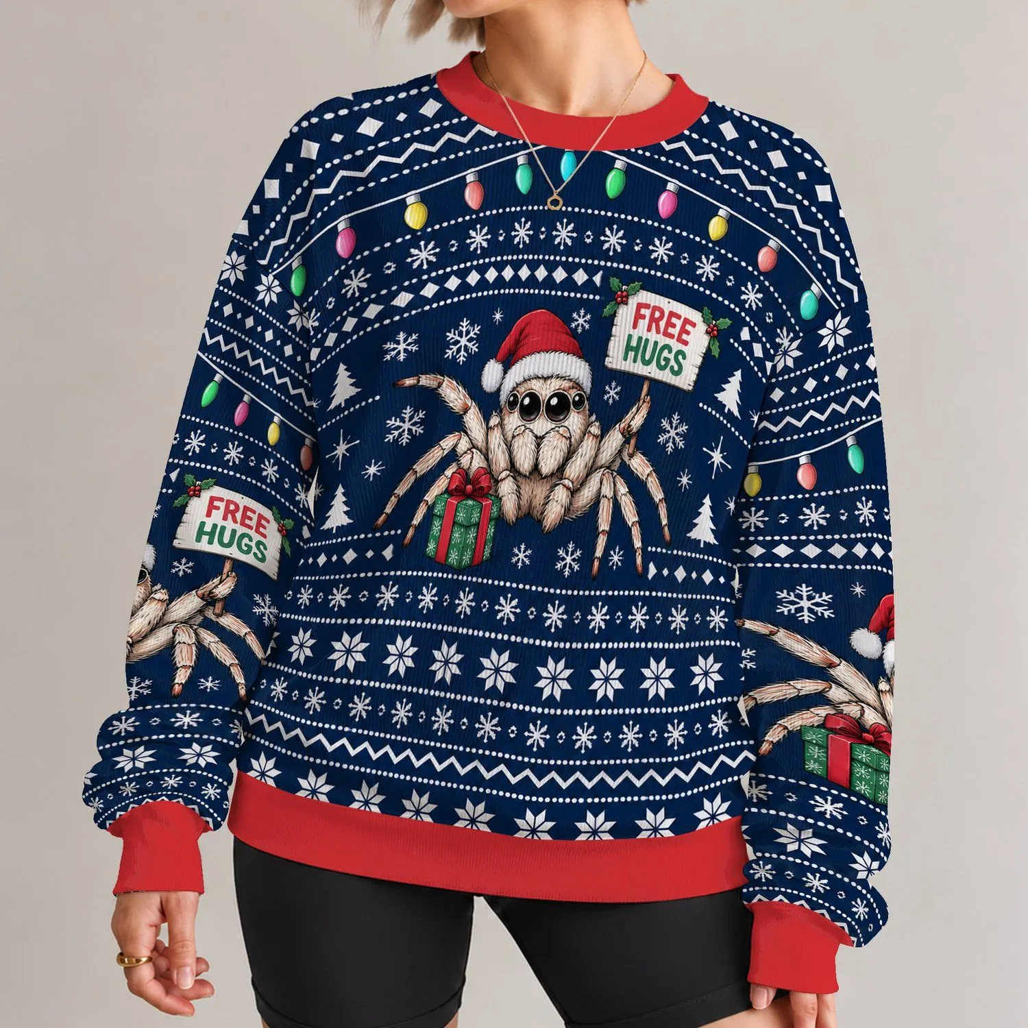 Santa Hat Spider With Free Hugs Sign for Festive Holiday Parties and Winter Cheer All-over Print Knitted Sweater - 1