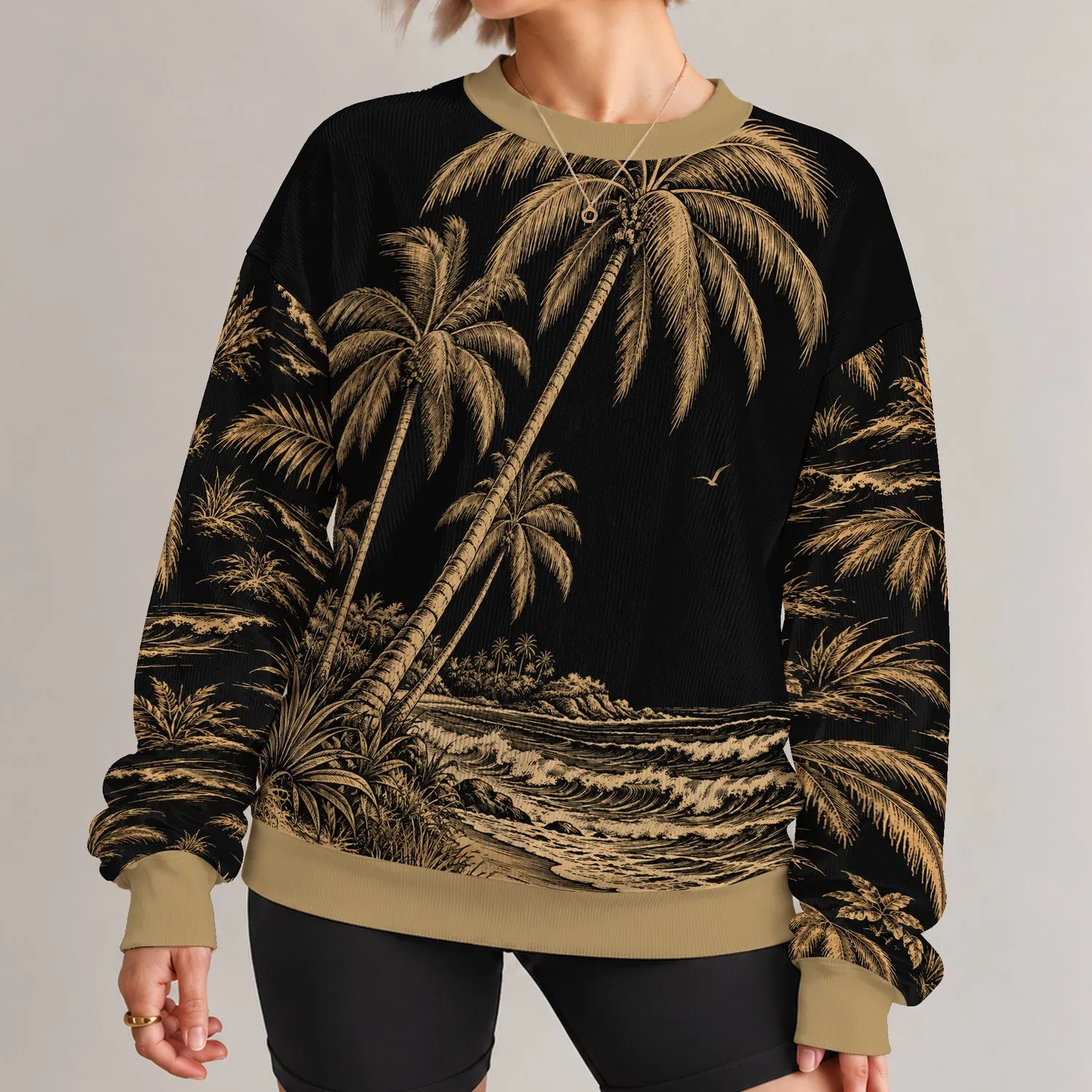 Engraved Palm Trees and Ocean Waves for Tropical Beach Getaways and Summer Travel All-over Print Knitted Sweater - 1