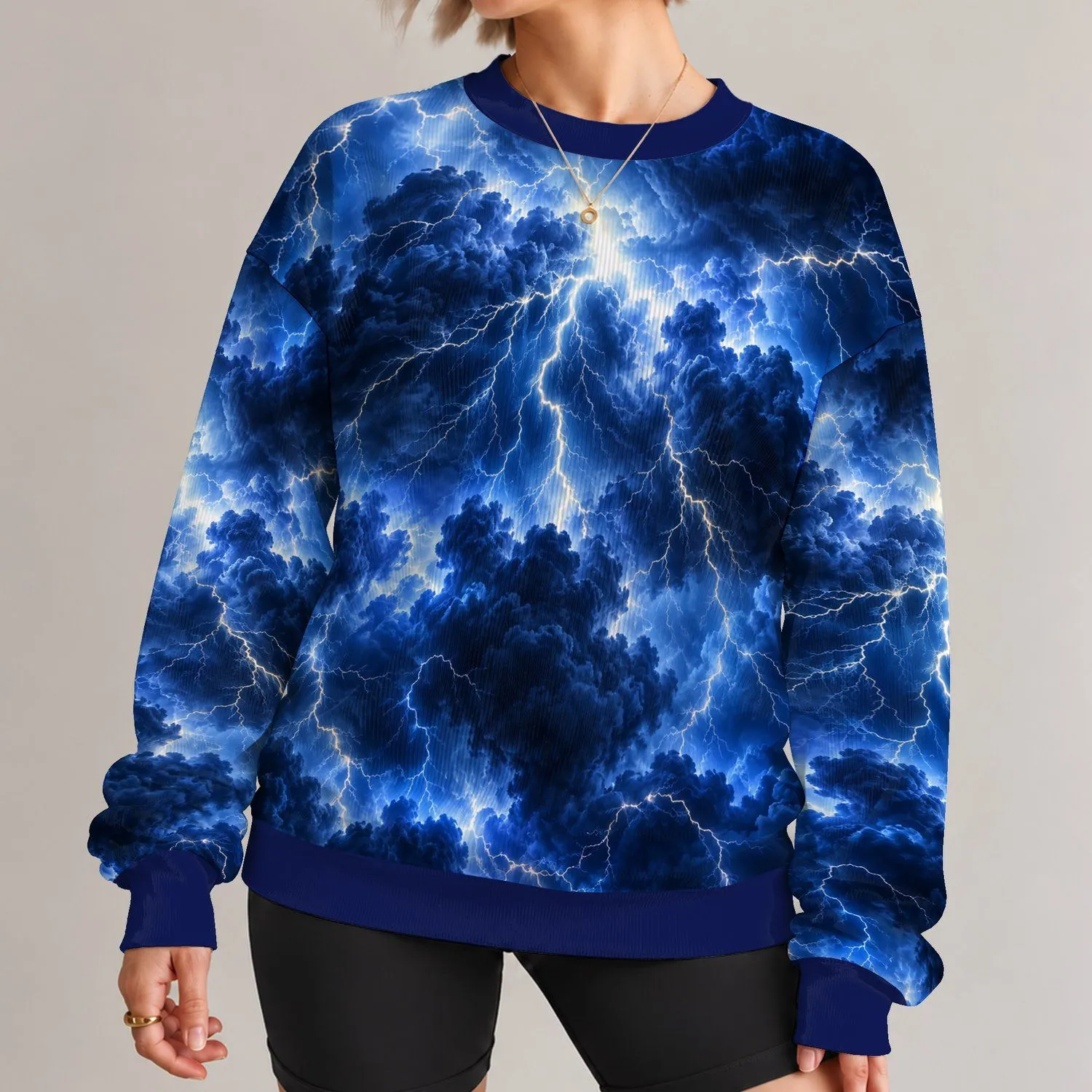 Electric Blue Storm Clouds and Lightning for Bold Casual Wear and Dramatic Everyday Style All-over Print Knitted Sweater - 1