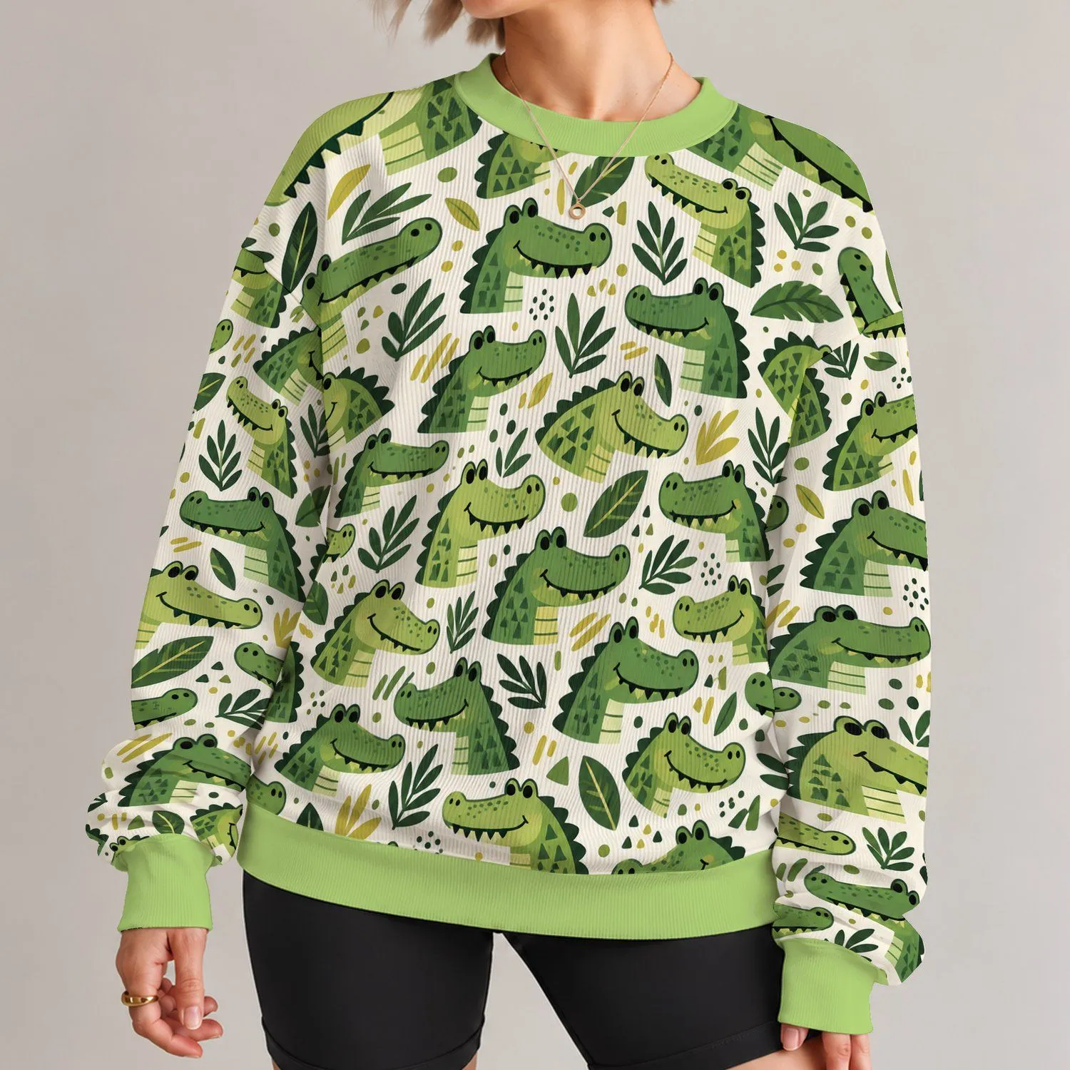 Playful Green Crocodile Motifs for Casual Autumn Outings and Everyday Nature Lovers All-over Print Knitted Sweater - 1