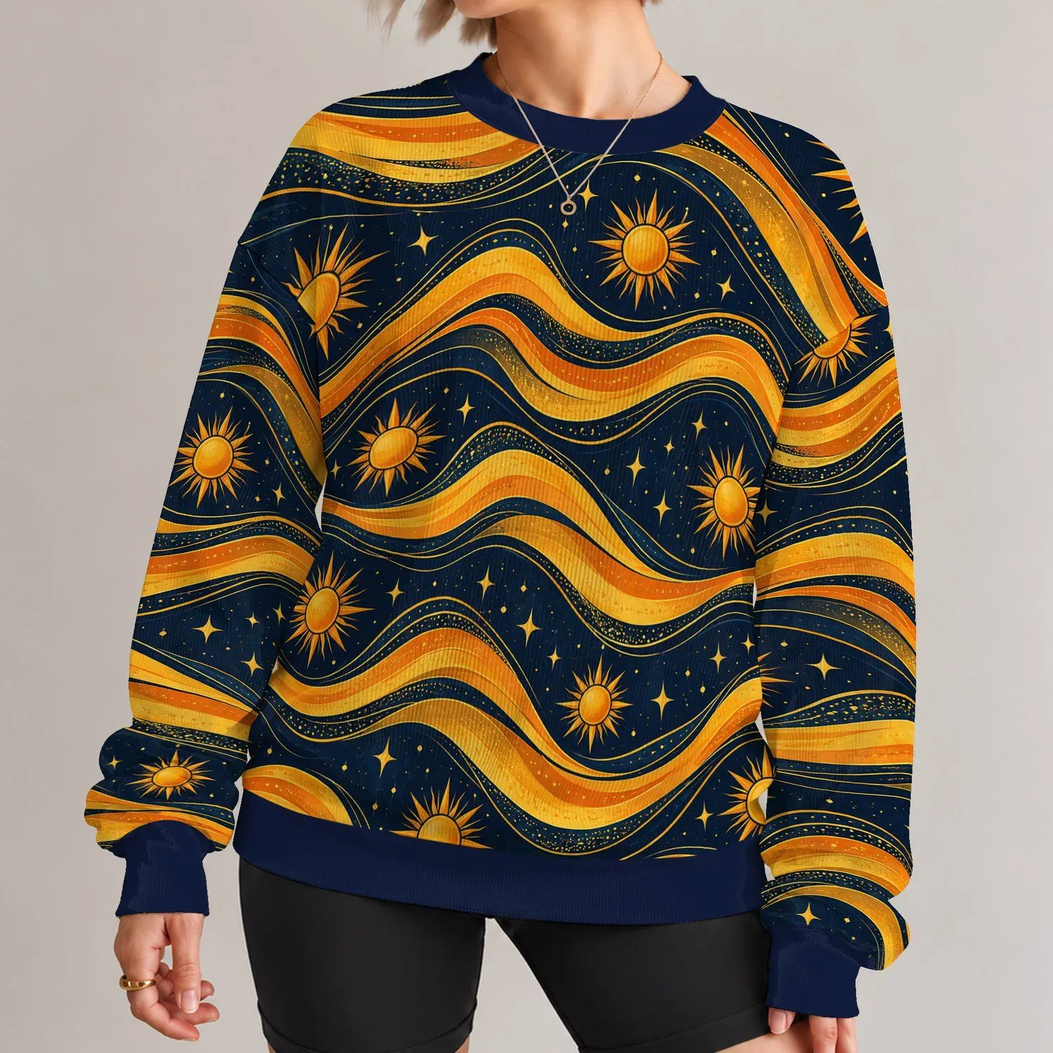 Celestial Sun And Golden Wave Motifs For Everyday Cosmic Casual Style For Men Today All-over Print Knitted Sweater - 1