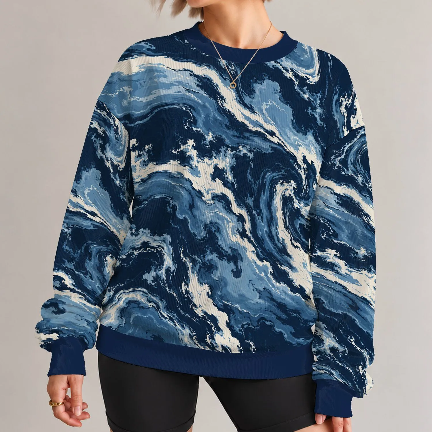 Abstract Navy And Slate Blue Waves For Relaxed Autumn Outings And Everyday Casual Wear All-over Print Knitted Sweater - 1