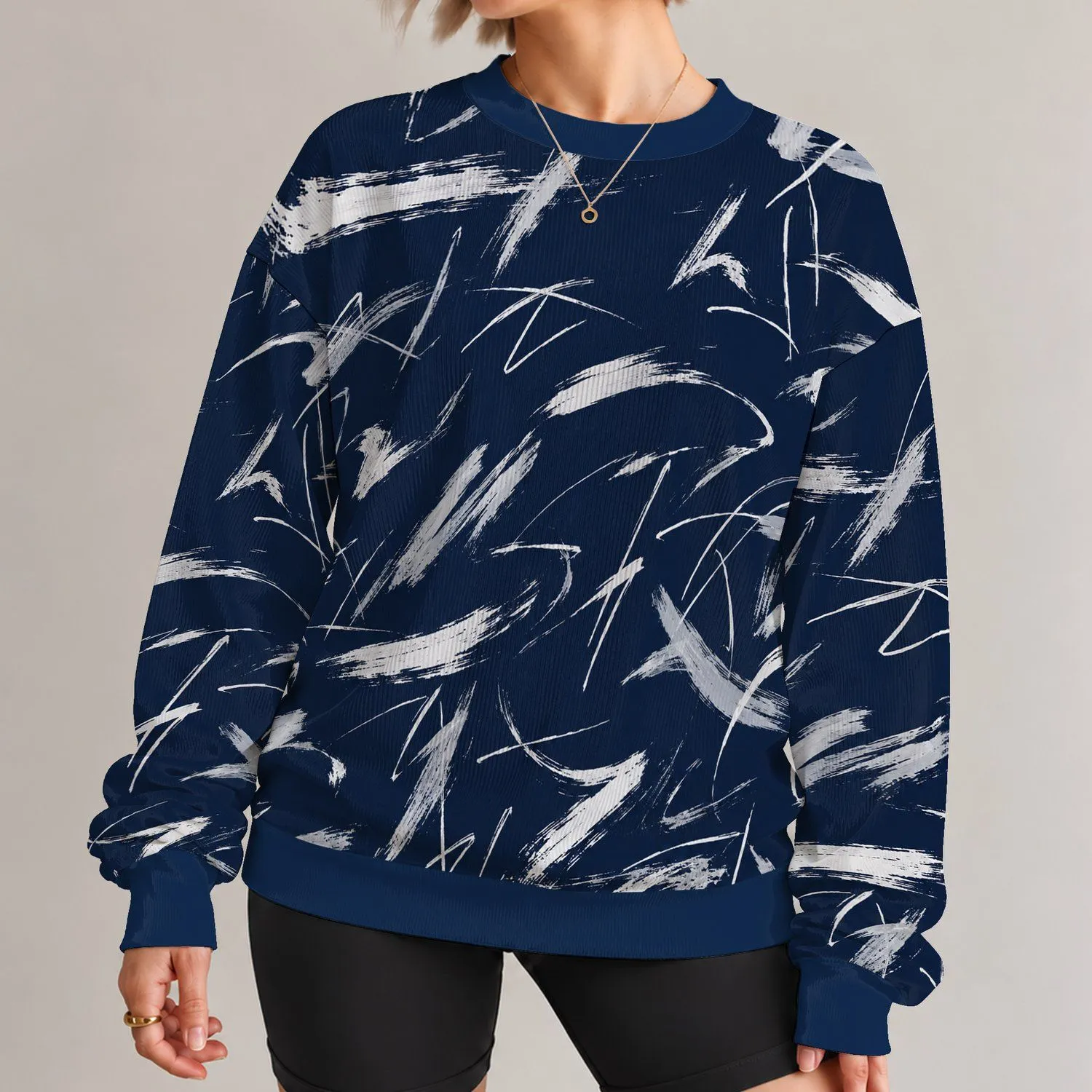 Navy White Abstract Brushstrokes For Everyday Streetwear And Creative Casual Style All-over Print Knitted Sweater - 1