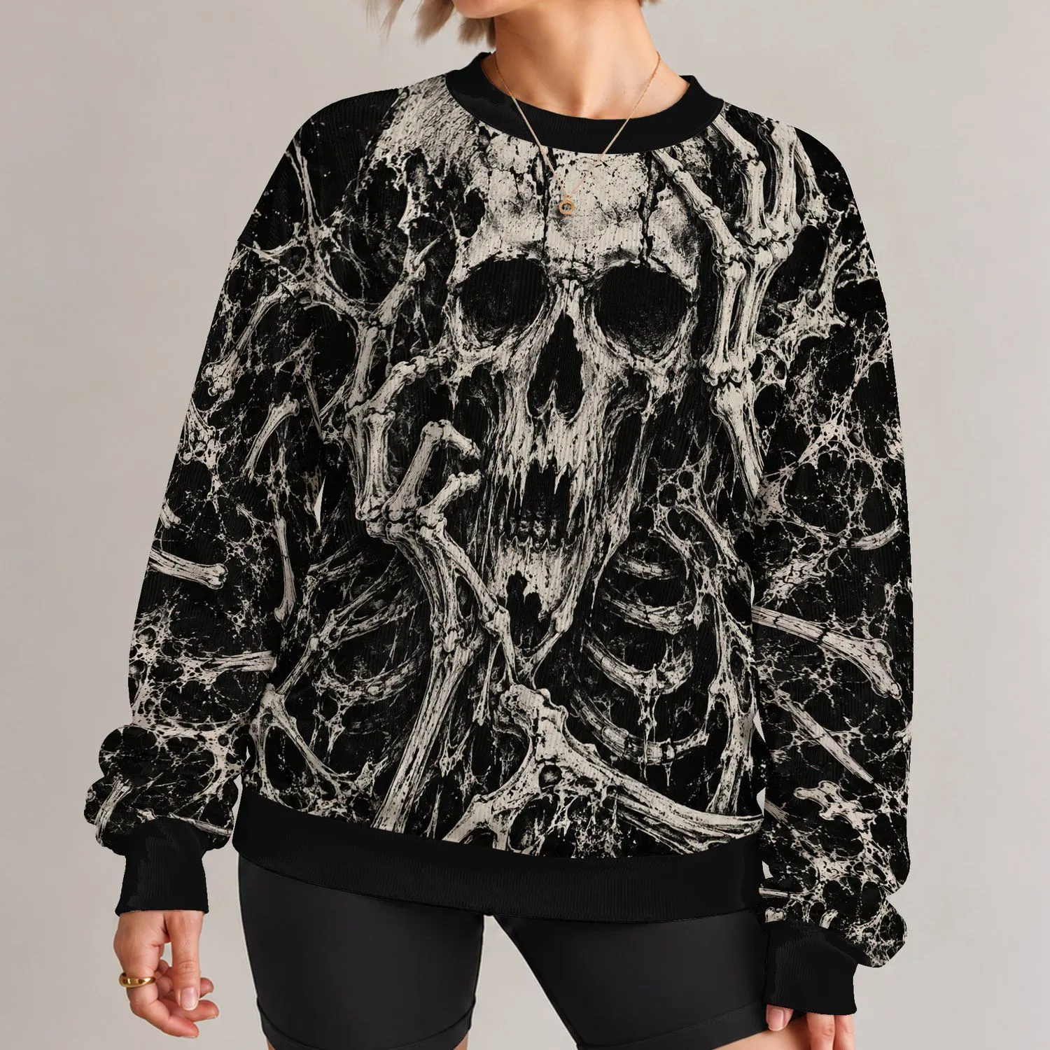 Gothic Skeleton Skull Motif for Halloween Parties and Everyday Dark Alternative Style All-over Print Knitted Sweater - 1