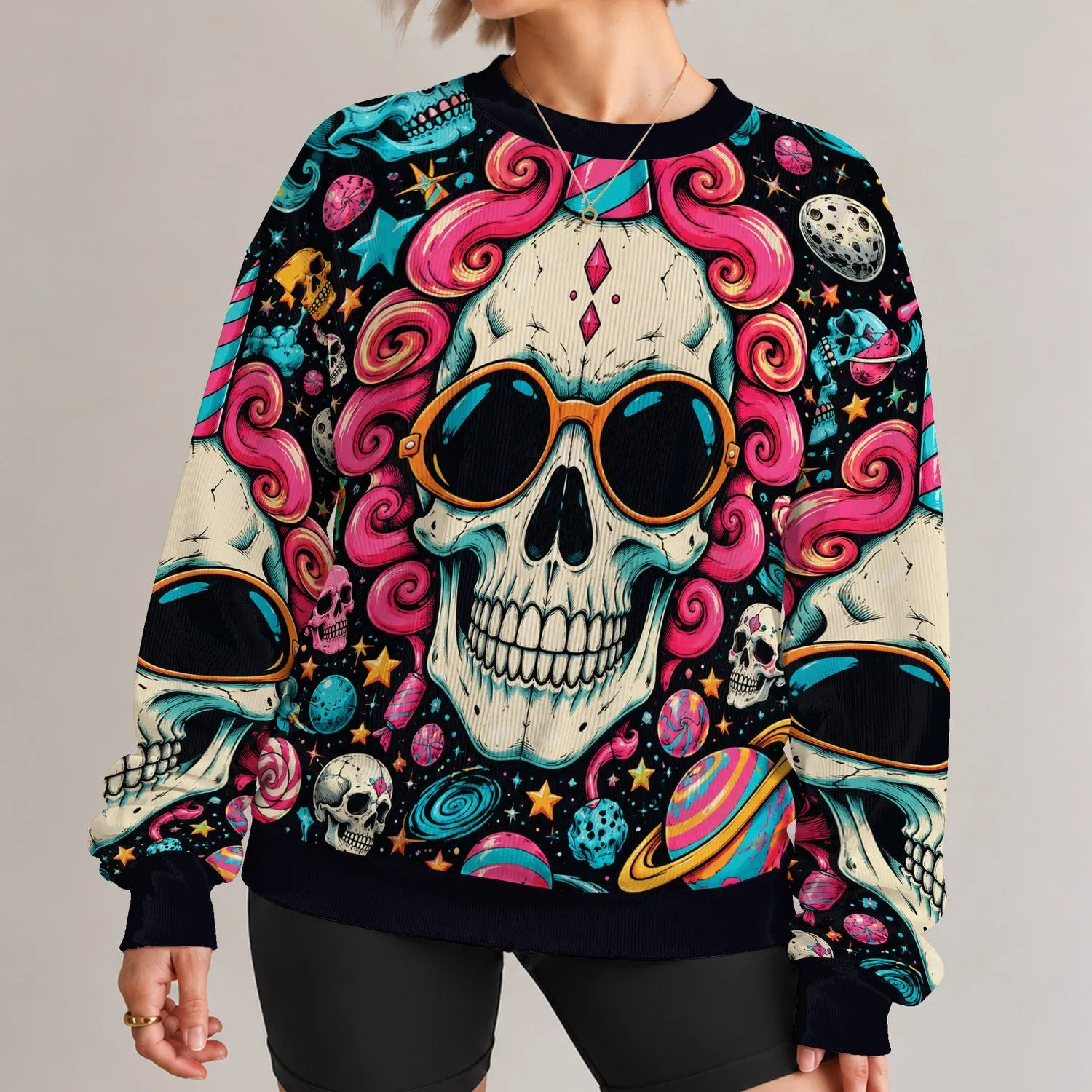 Colorful Cosmic Skull Collage for Festivals, Parties and Bold Streetwear Fans All-over Print Knitted Sweater - 1