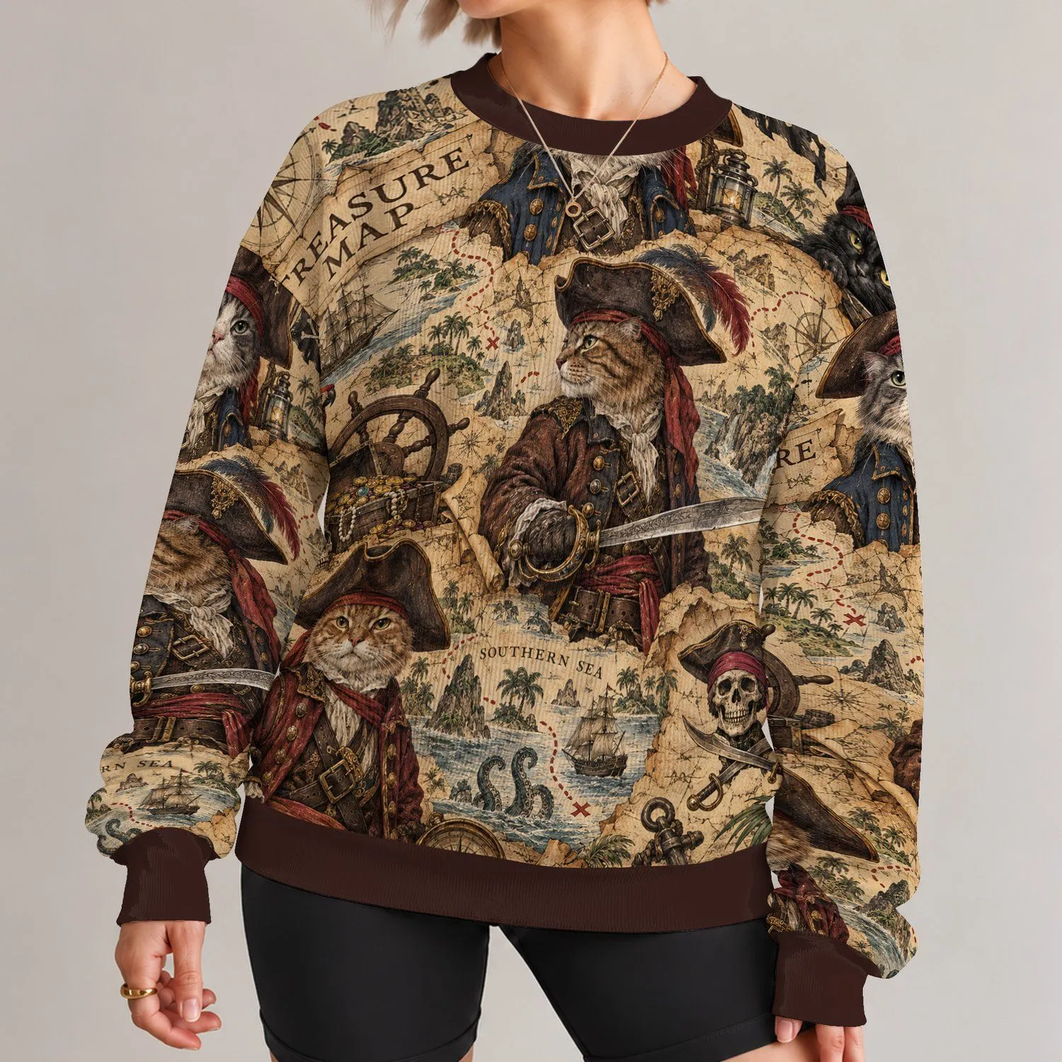 Pirate Cat Treasure Map Adventure for Nautical Fantasy Fans and Weekend Wear All-over Print Knitted Sweater - 1
