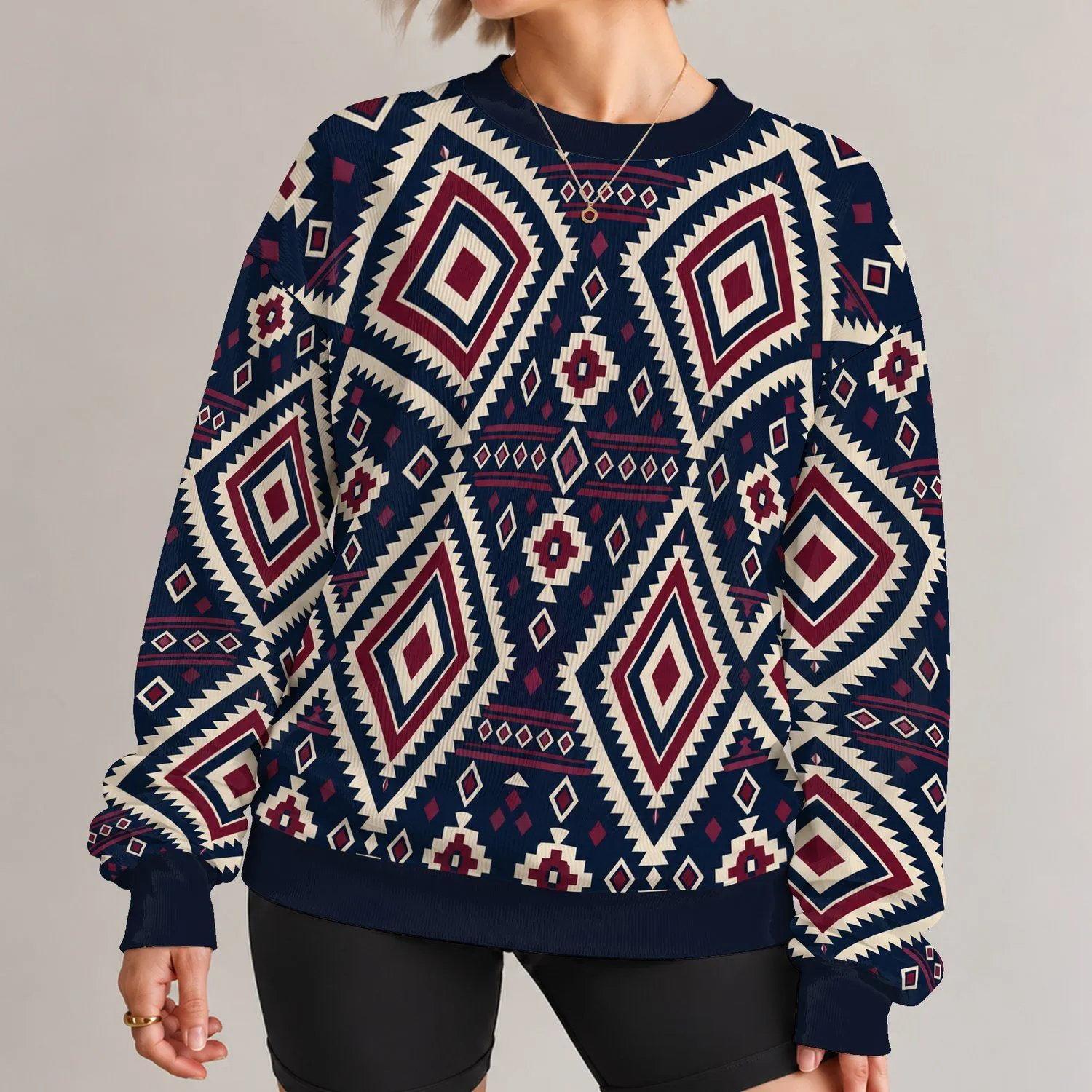 Navy Ivory Burgundy Geometric Diamonds For Streetwear And Outdoor Style All-over Print Knitted Sweater - 1