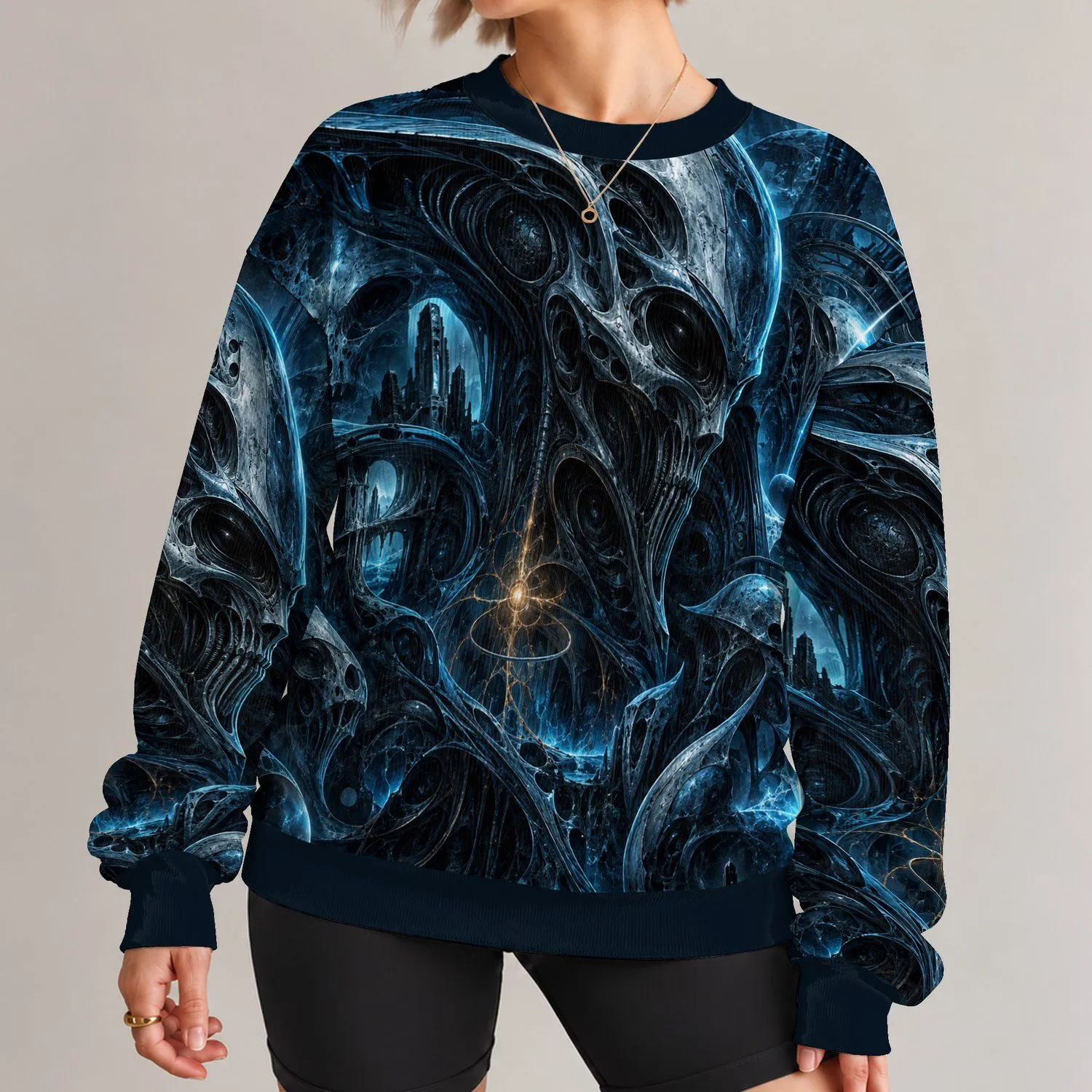 Cyan Cosmic Skull Scene for Sci-Fi Nights and Astronomy Lovers Who Explore Space All-over Print Knitted Sweater - 1