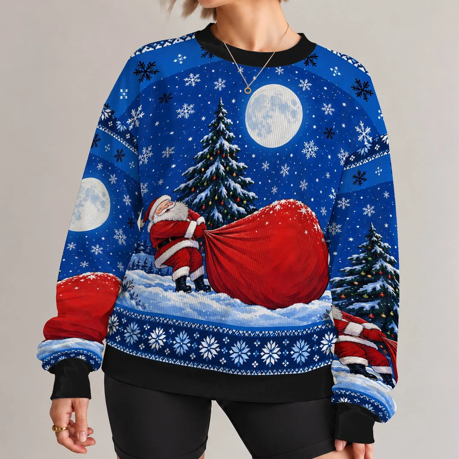 Santa With Oversized Red Sack for Christmas Parties and Cozy Holiday Nights All-over Print Knitted Sweater - 1