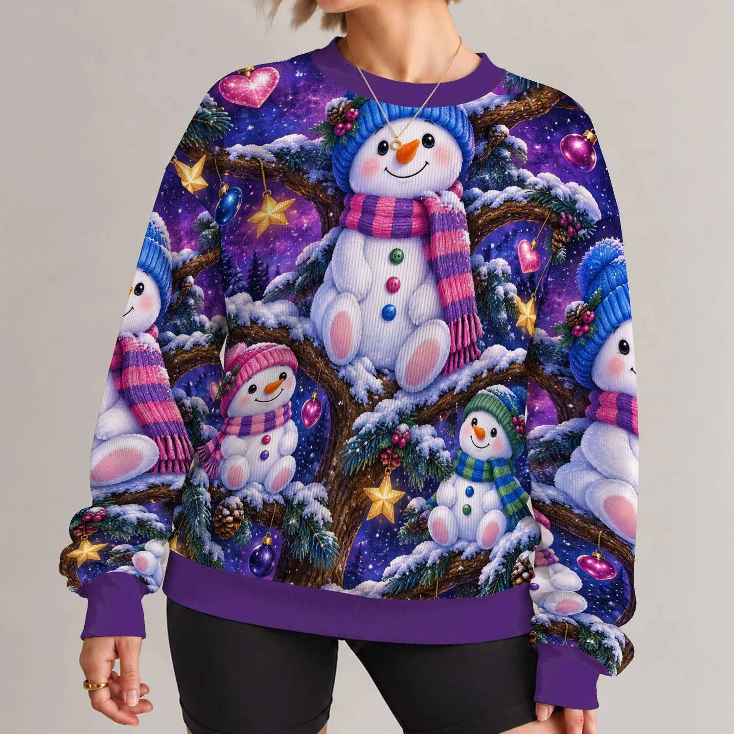Snowman Tree With Star Ornaments For Festive Winter Celebrations All-over Print Knitted Sweater - 1