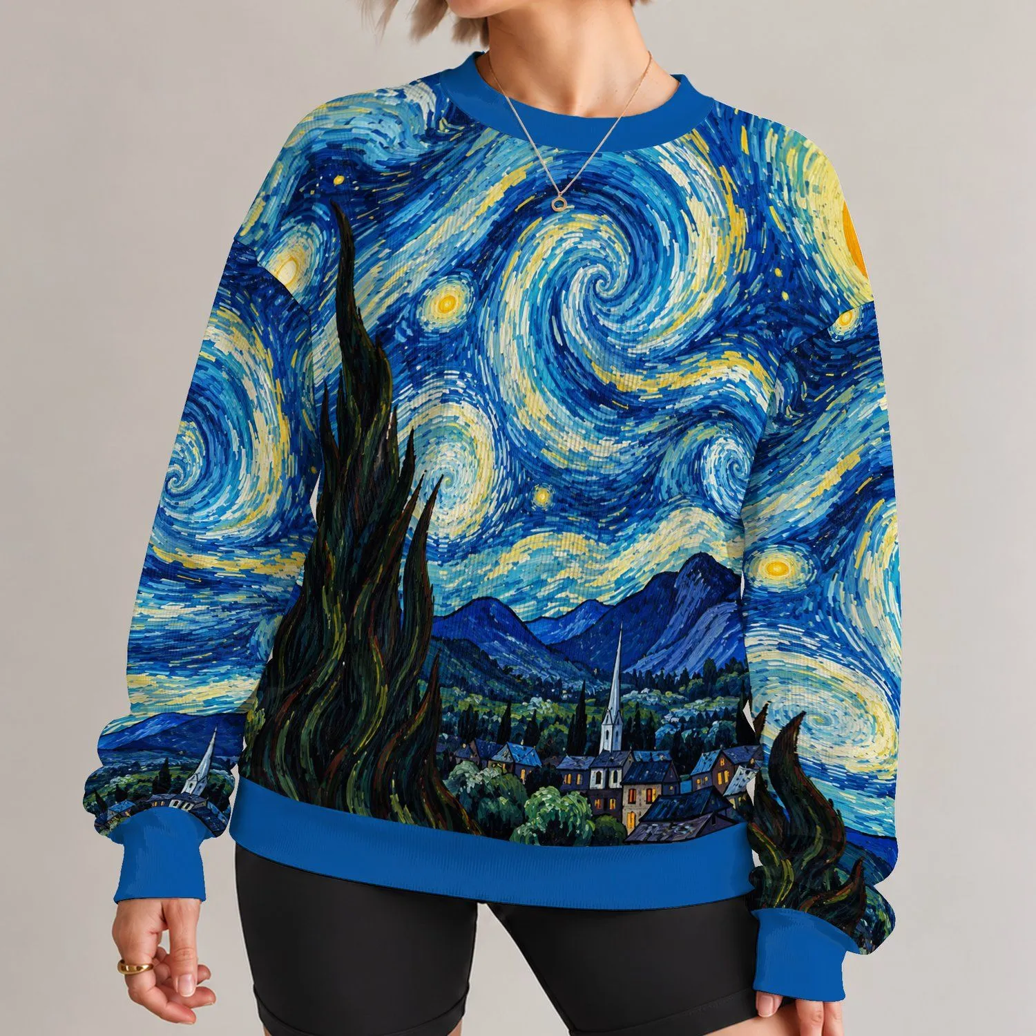 Blue Celestial Swirl and Mountain Village for Everyday Casual Wear All-over Print Knitted Sweater - 1