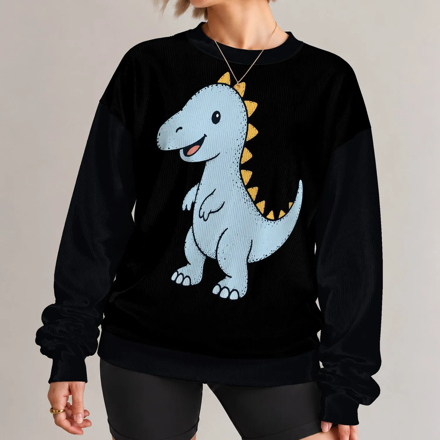 Cute Blue Dinosaur with Gold Back Plates for Playful Everyday Style All-over Print Knitted Sweater - 1