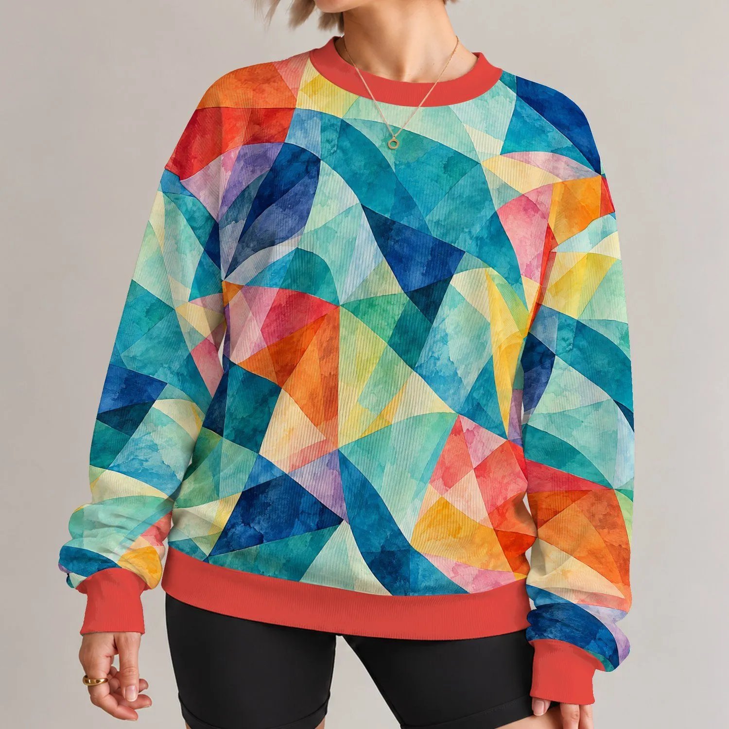 Rainbow Geometric Color Blocking for Creative Everyday Style and Casual Weekend Wear All-over Print Knitted Sweater - 1