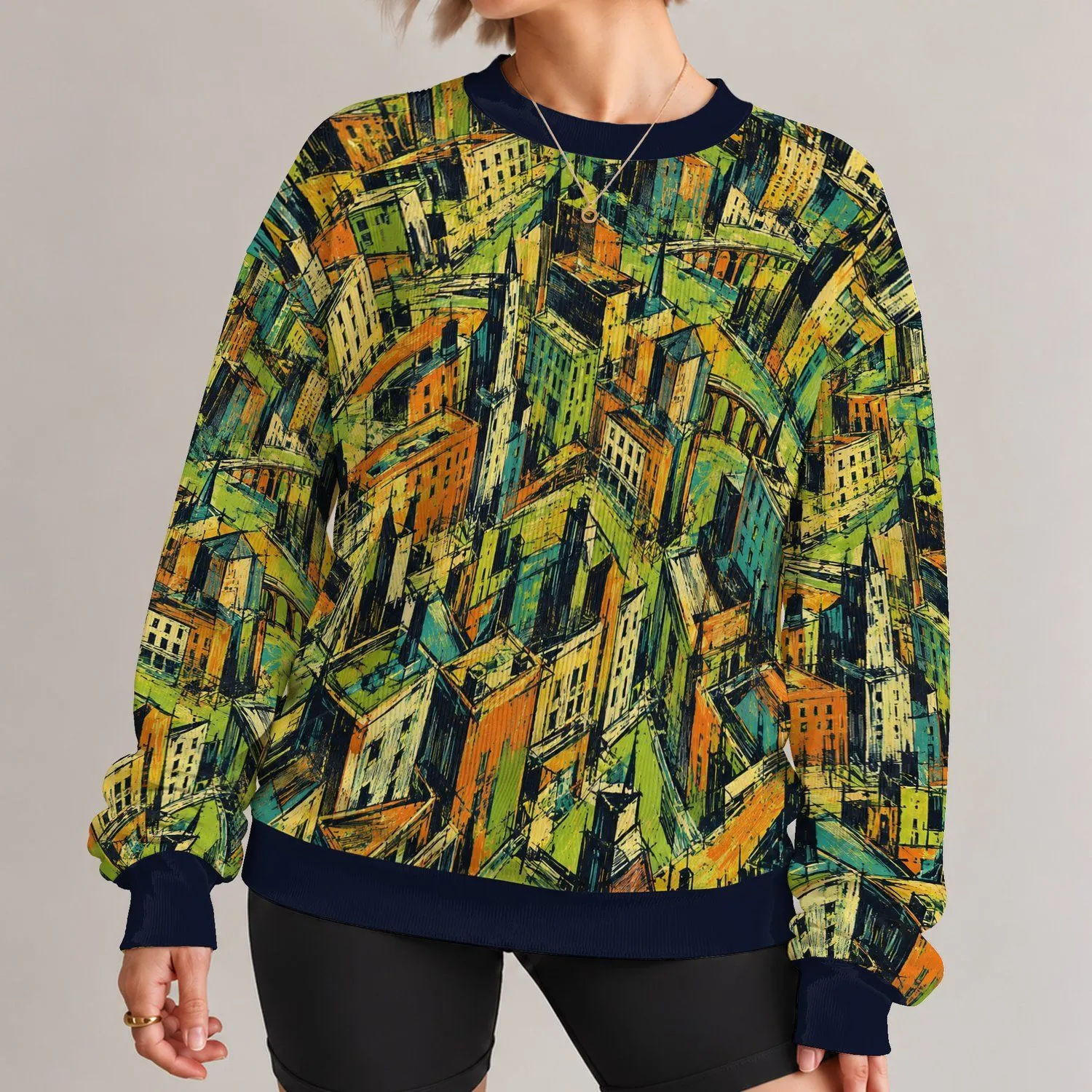 Abstract Cityscape Urban Colors for Creative Weekend Outings and Everyday Streetwear All-over Print Knitted Sweater - 1