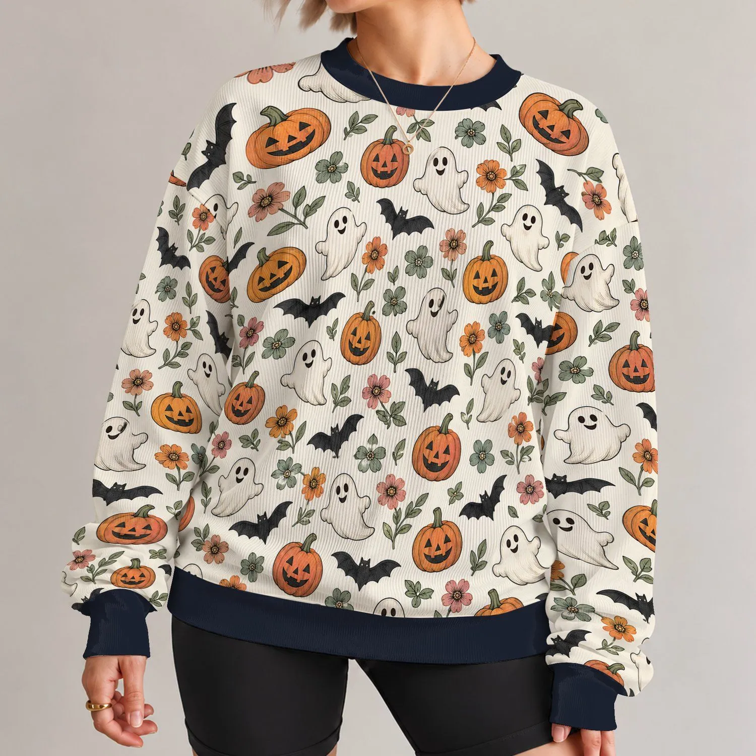 Halloween Pumpkins, Bats, Ghosts and Flowers for Cute Autumn Celebrations and Fall Parties All-over Print Knitted Sweater - 1