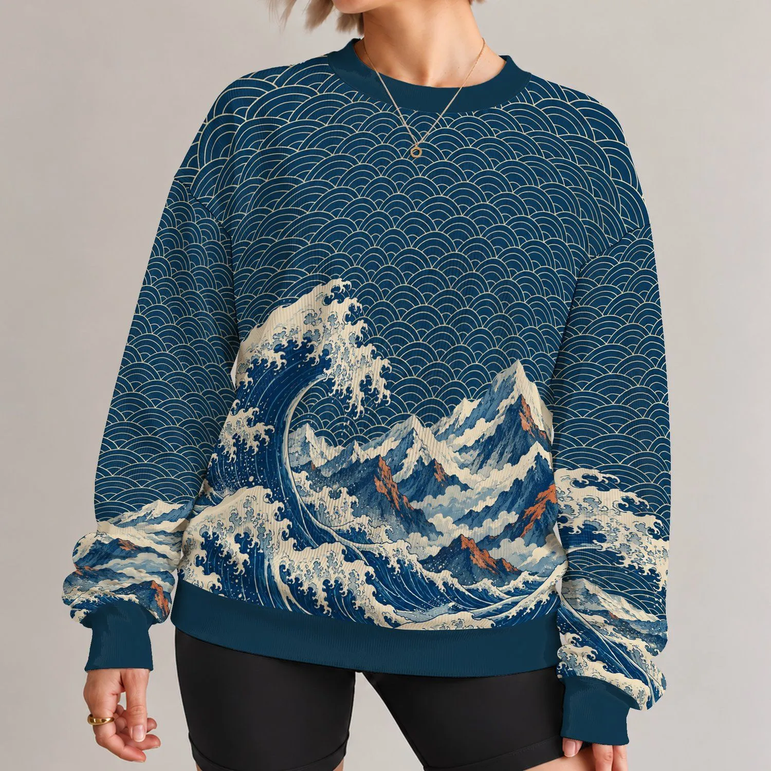 Navy Ocean Waves and Mountain Peaks for Coastal Summer Adventures and Nature Lovers All-over Print Knitted Sweater - 1