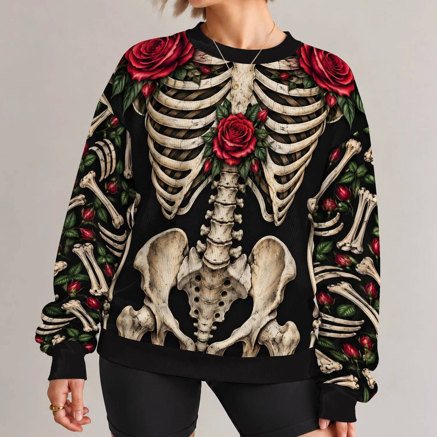 Rose-Adorned Skeleton Bones for Gothic Halloween Parties and Spooky October Celebrations All-over Print Knitted Sweater - 1