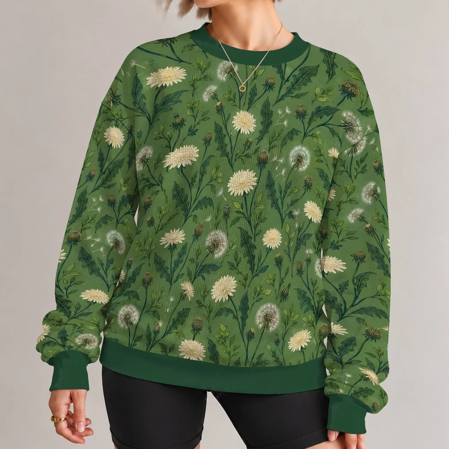 Cream Dandelion Blooms and Green Leaves for Relaxed Everyday Nature-Lover Outings All-over Print Knitted Sweater - 1