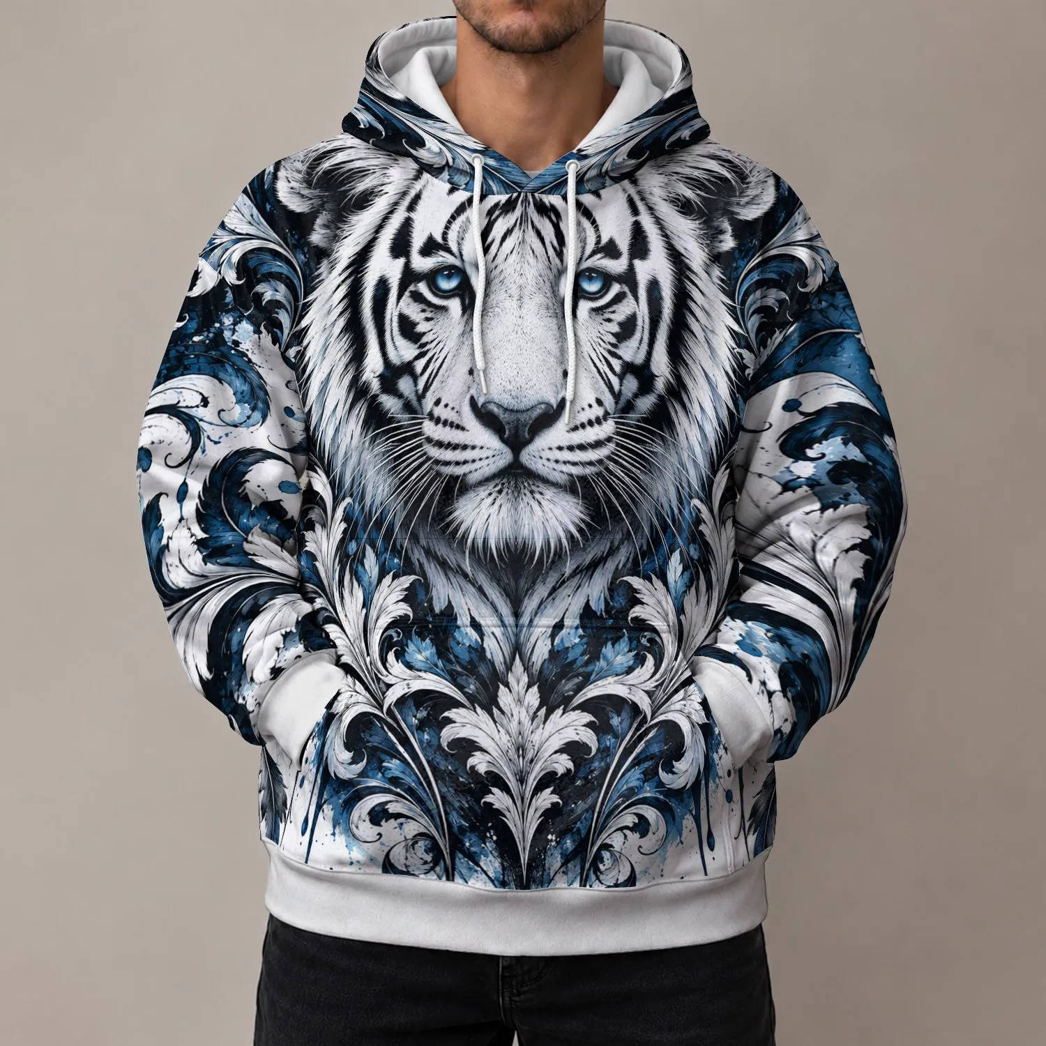 Fierce Tiger Face With Ornamental Scrollwork For Bold Everyday Style All-over Print Hoodie (Lightweight) - 1