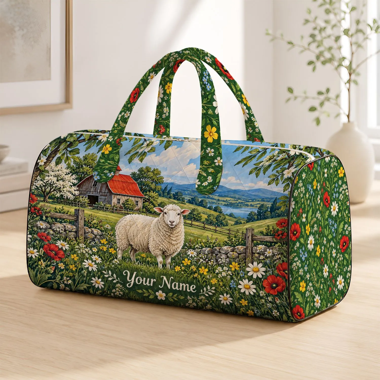 Pastoral Sheep and Red Barn Meadow Scene for Countryside Getaways and Summer Travel Quilted Weekend Bag - 1