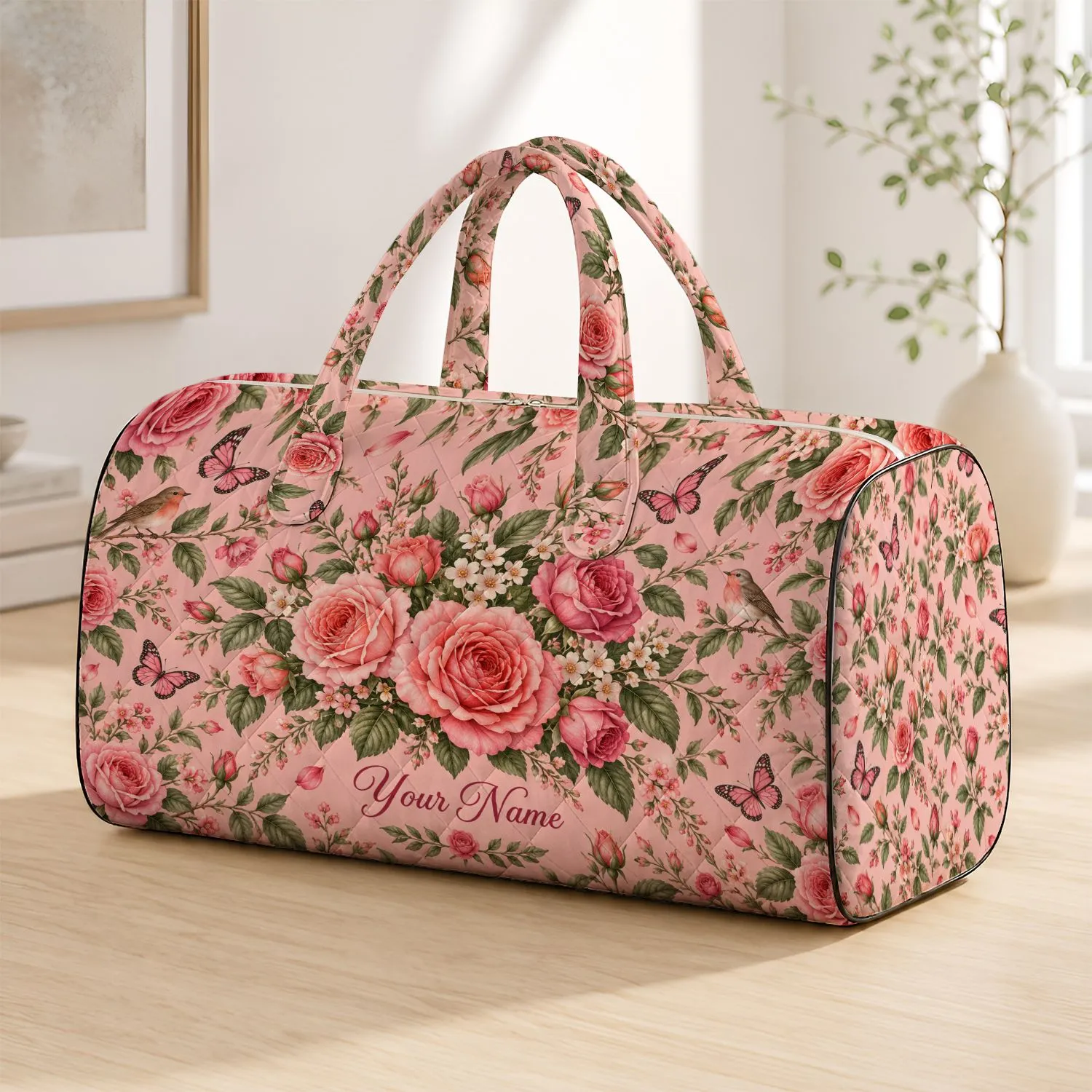 Blush Garden Roses and Songbirds for Romantic Coastal Escapes and Resort Getaways Quilted Weekend Bag - 1