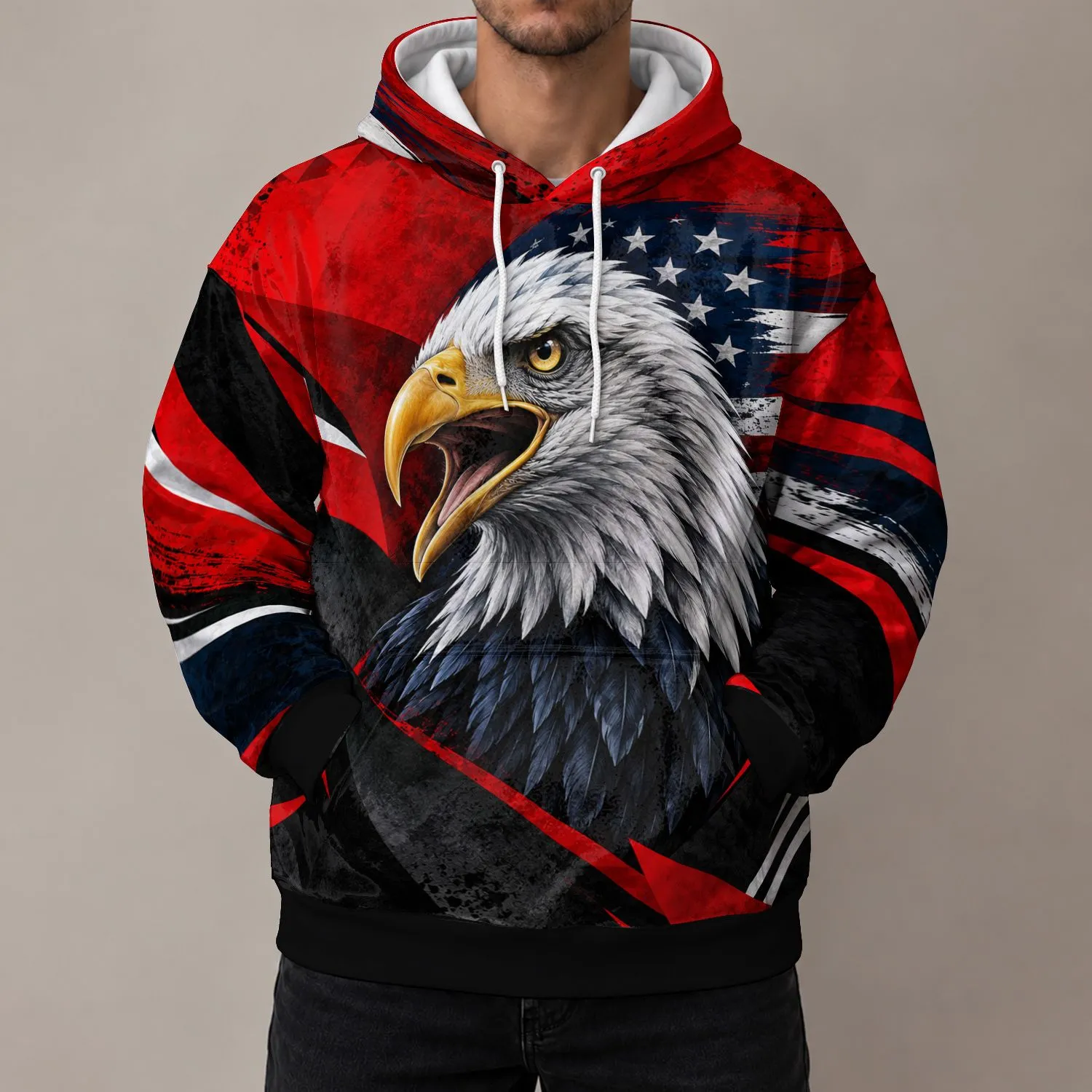 Bald Eagle Flag Motif Red Black Geometry for Patriotic Holiday Casual Wear All-over Print Hoodie (Lightweight) - 1
