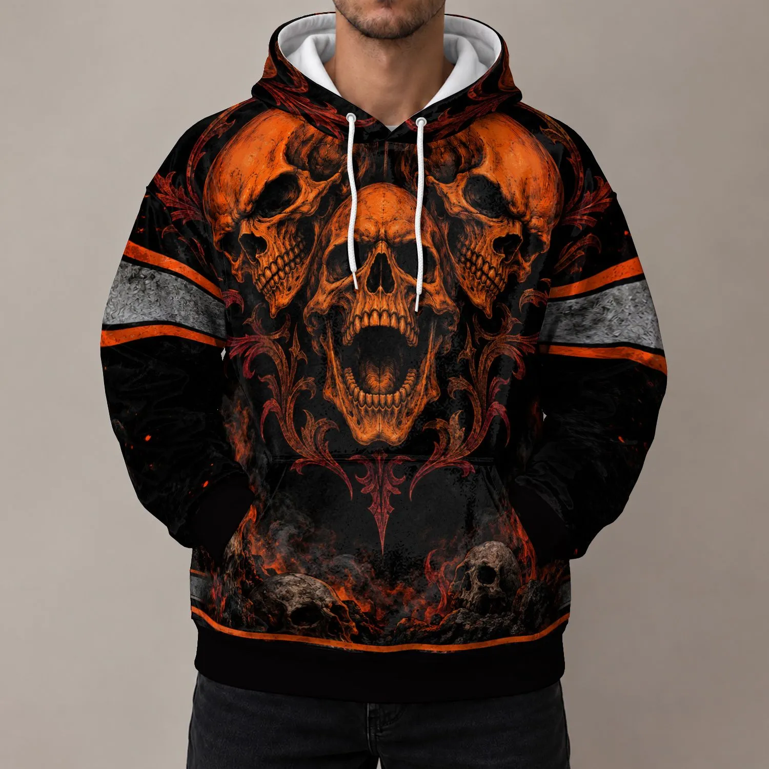 Orange Triple Skull With Ember Details For Bold Alternative Streetwear Enthusiasts All-over Print Hoodie (Lightweight) - 1