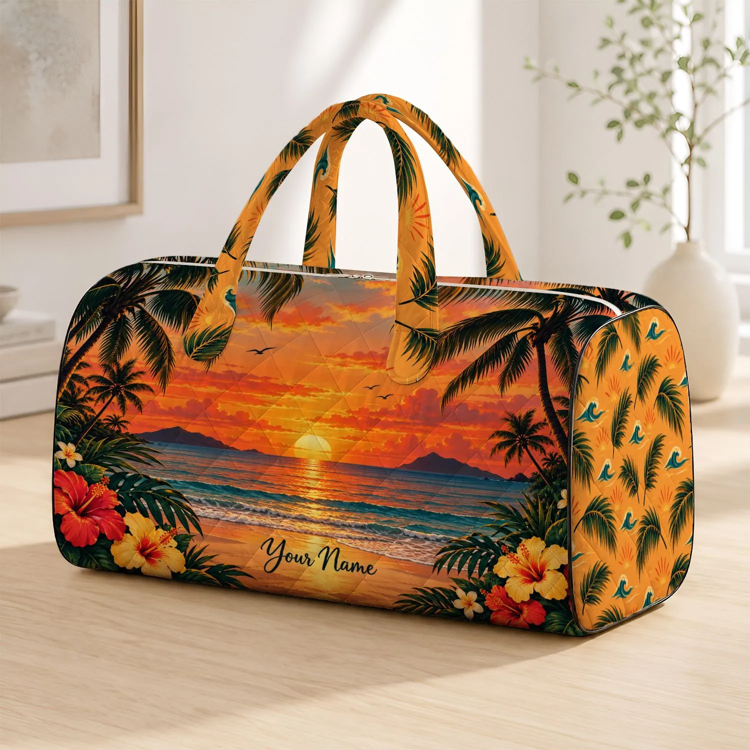 Tropical Palm Sunset Beach Scene for Coastal Getaways and Warm-Weather Travel Escapes Quilted Weekend Bag - 1