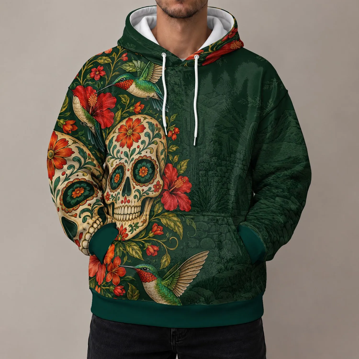 Sugar Skull Hummingbird Floral Art for Festive Everyday Style and Nature Lovers All-over Print Hoodie (Lightweight) - 1
