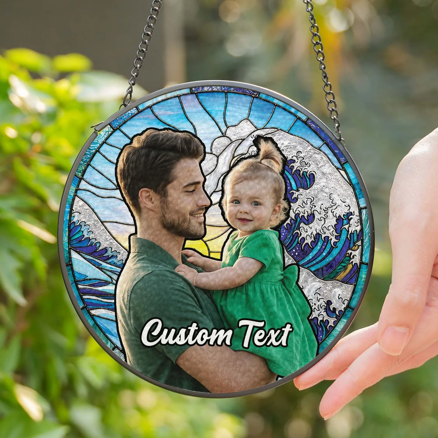 Personalized Ocean Wave Photo Suncatcher – Custom Stained Glass Window Hanging for Dad, Christmas Gift from Daughter - 1