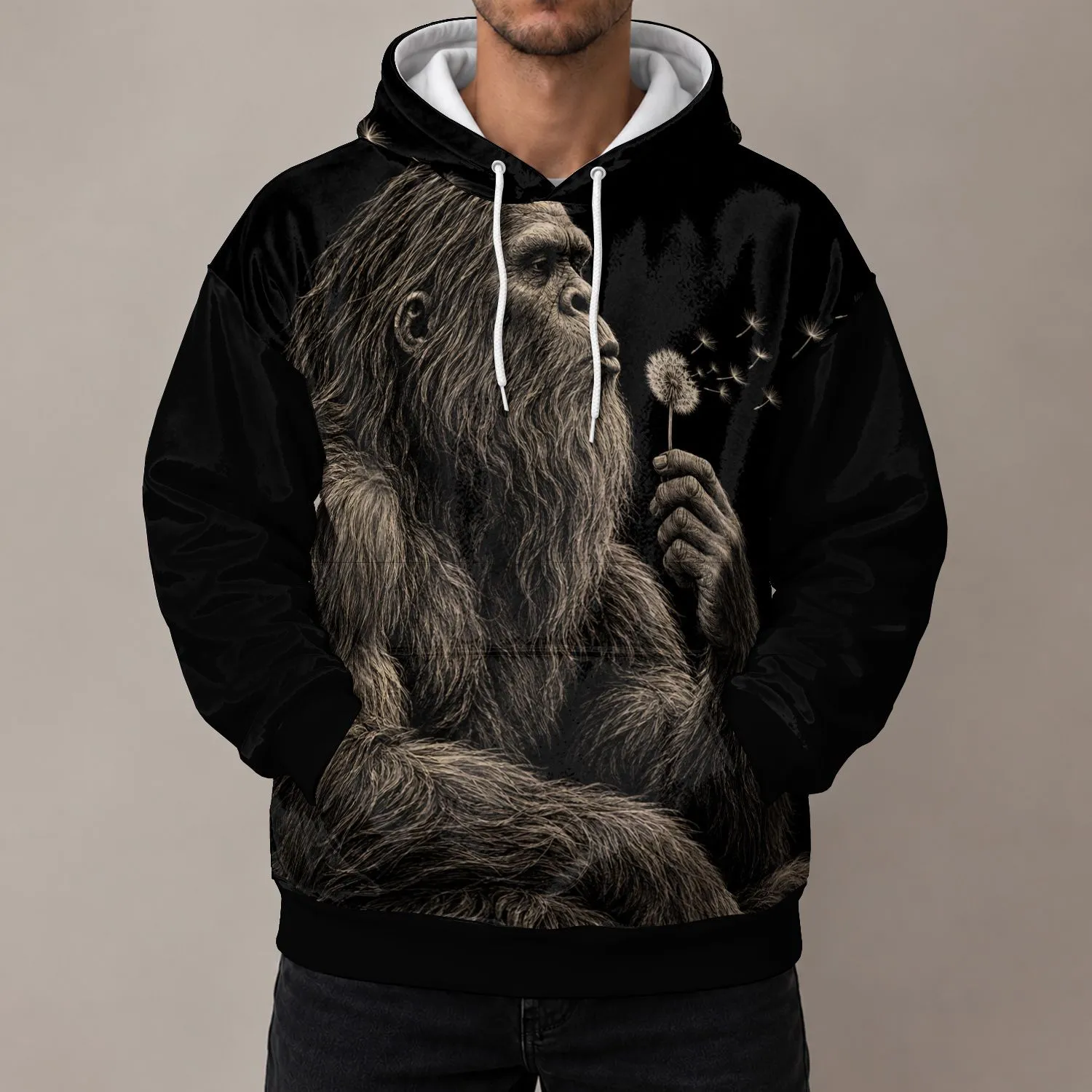Engraved Sasquatch Blowing Dandelion for Woodland Hiking and Nature Lovers All-over Print Hoodie (Lightweight) - 1