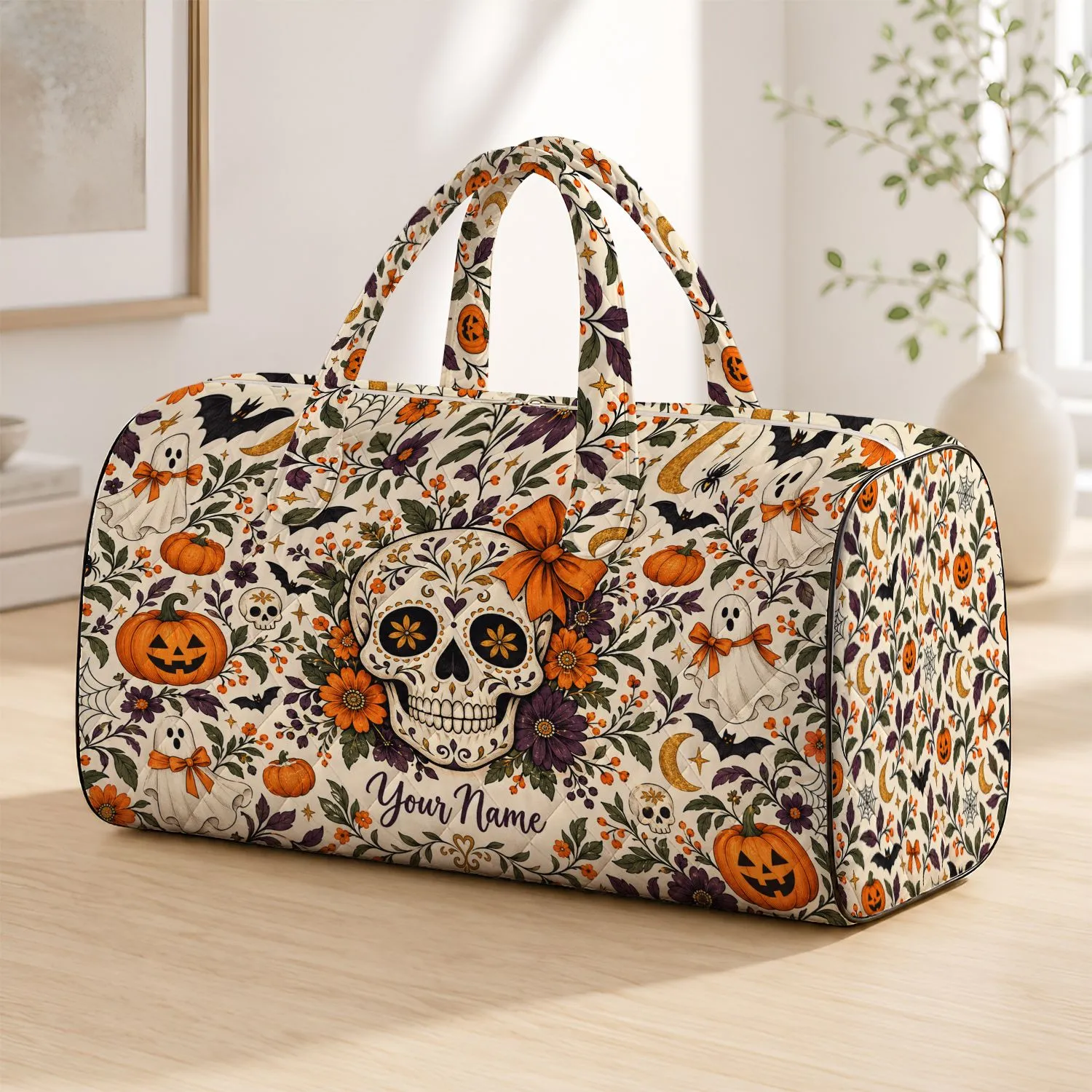 Halloween Skull Ghost Pumpkin Motifs for Festive Autumn Getaways and Spooky Season Gifts Quilted Weekend Bag - 1